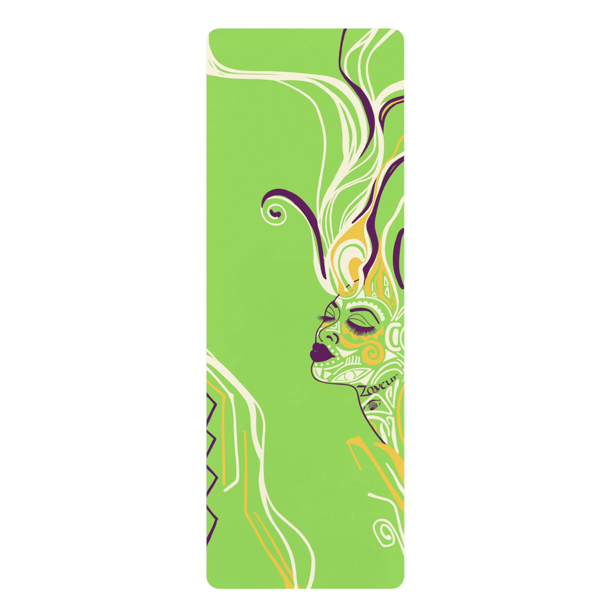 QUEEN OF PHOENIX Green Floral Face Illustration Rubber Yoga Mat | Abstract Botanical Design