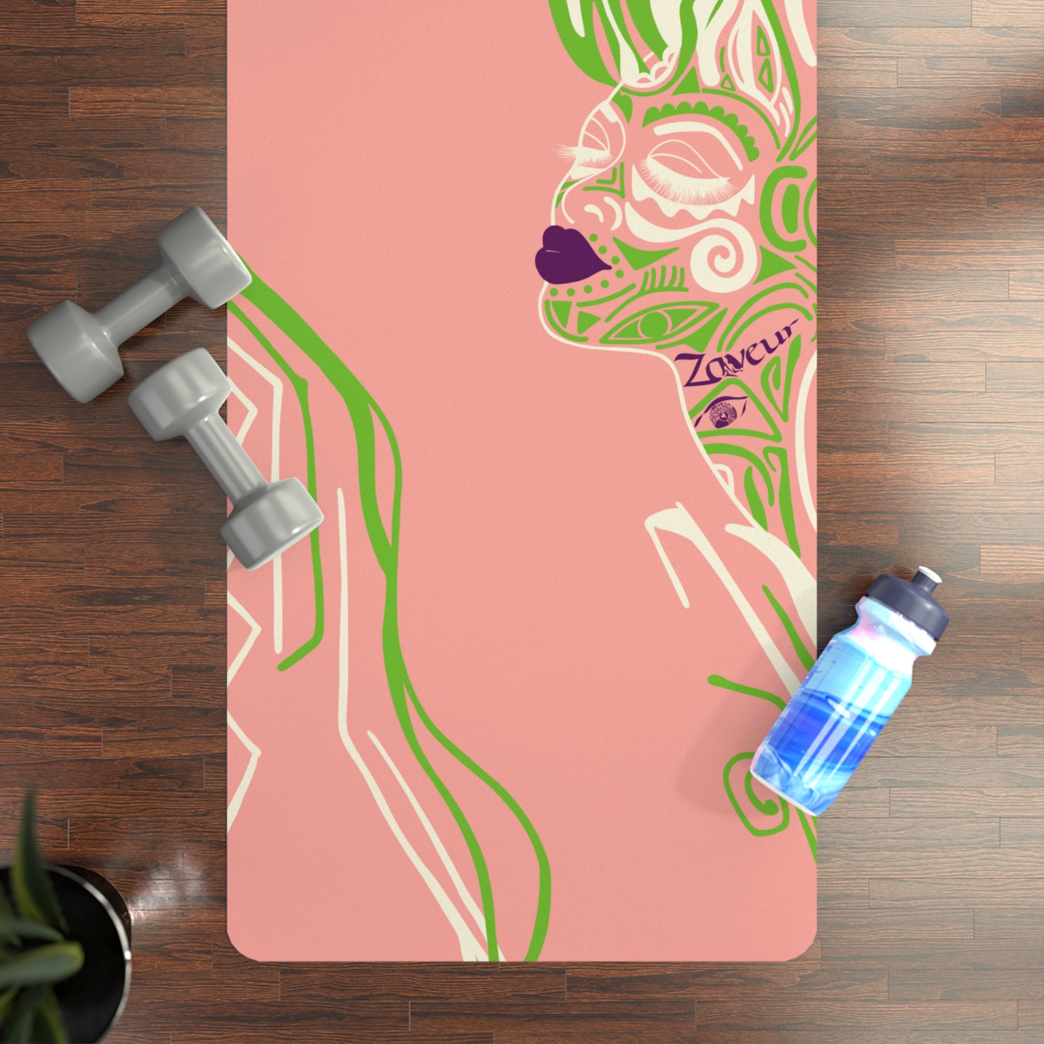 QUEEN OF PHOENIX Floral Woman Portrait Rubber Yoga Mat | Pink Green Abstract Botanical