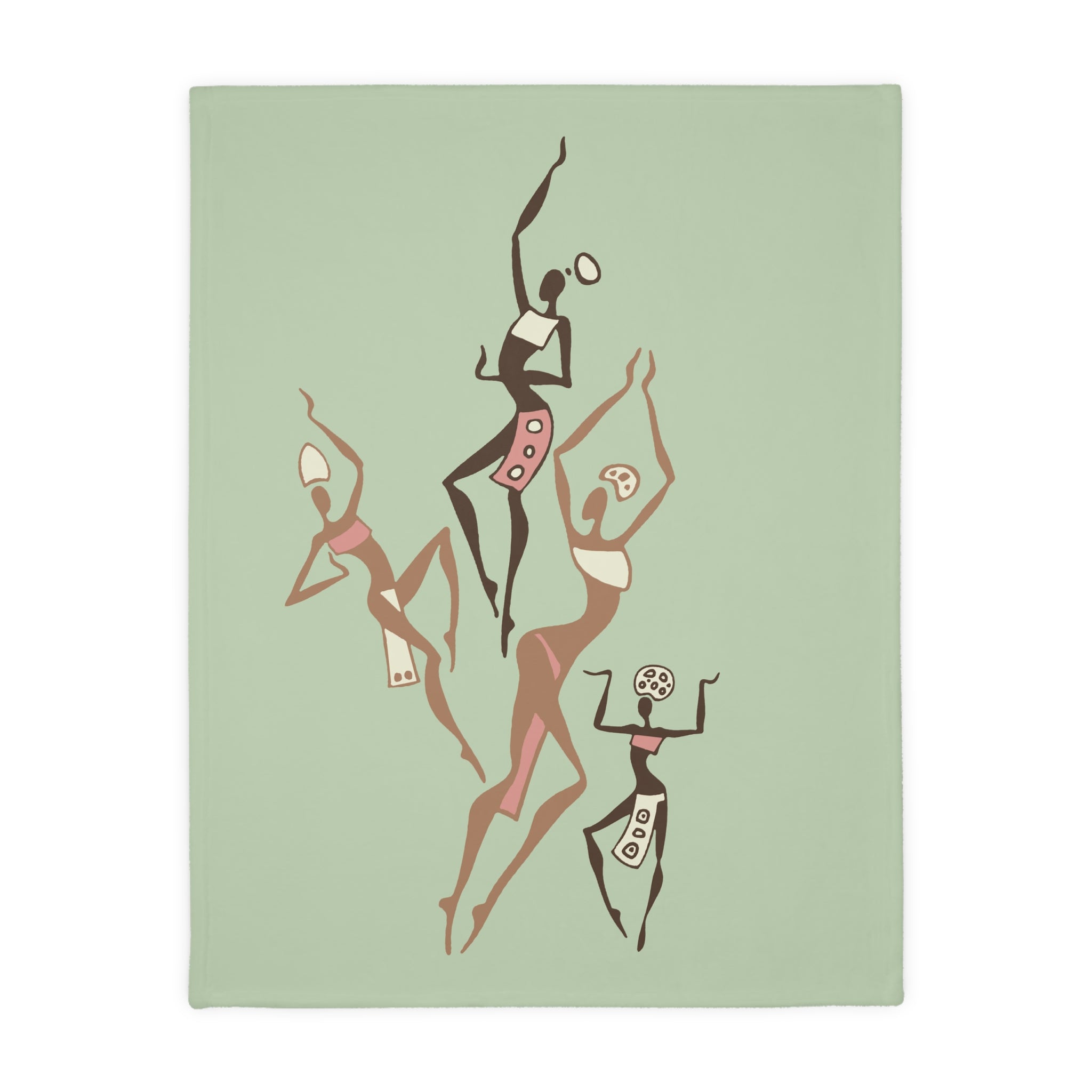 Dancing Ladies Abstract African Dancers Blanket | Two-Sided Microfiber Velveteen| Light Green and Pink