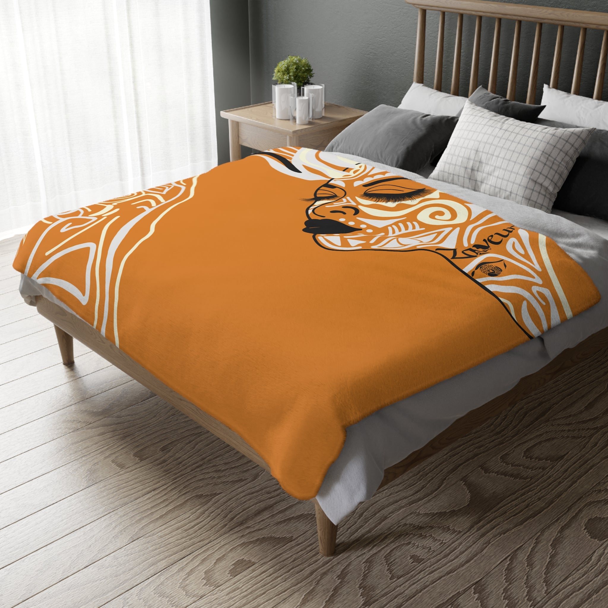 Queen of Phoenix Abstract Afro Woman Art Blanket | Two-Sided Orange Swirl Design