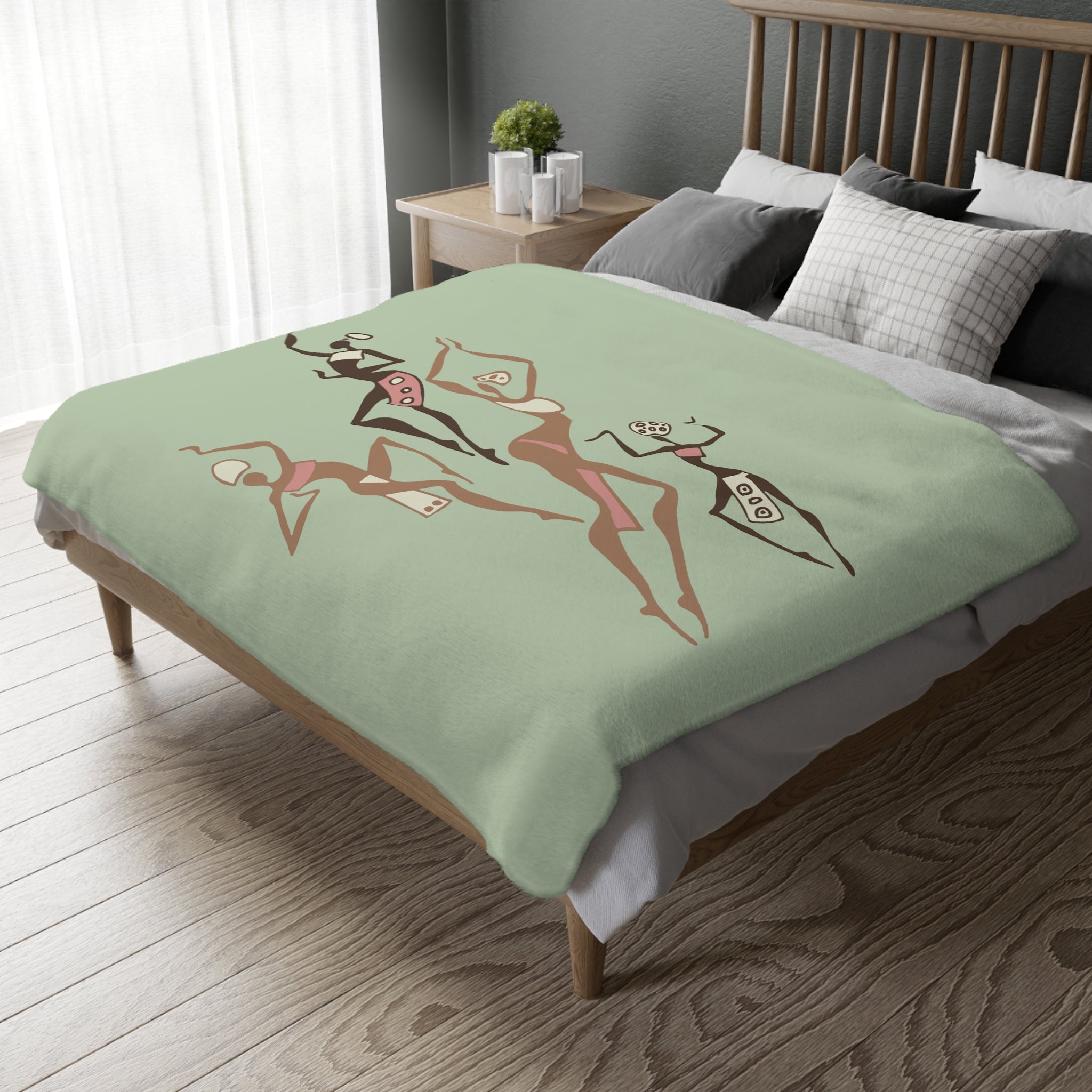 Dancing Ladies Abstract African Dancers Blanket | Two-Sided Microfiber Velveteen| Light Green and Pink