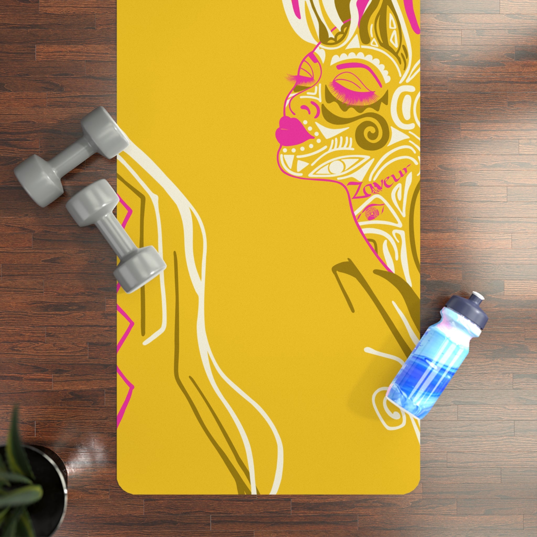 QUEEN OF PHOENIX Abstract Floral Goddess Rubber Yoga Mat | Yellow Pink Boho Pattern
