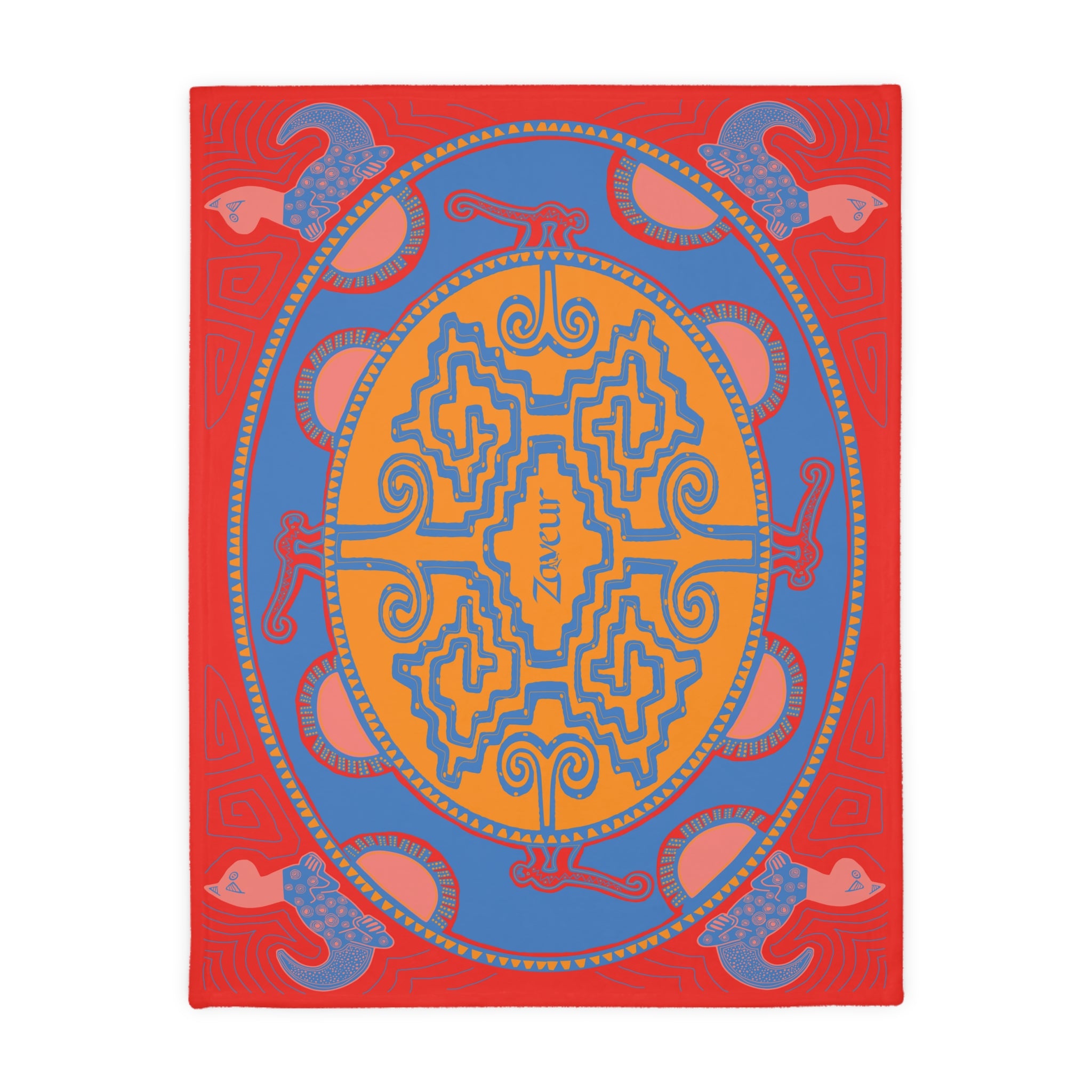 Colombian Dreams Blue Orange Mandala blanket | Geometric Boho Throw, Red Border Velvet Microfiber