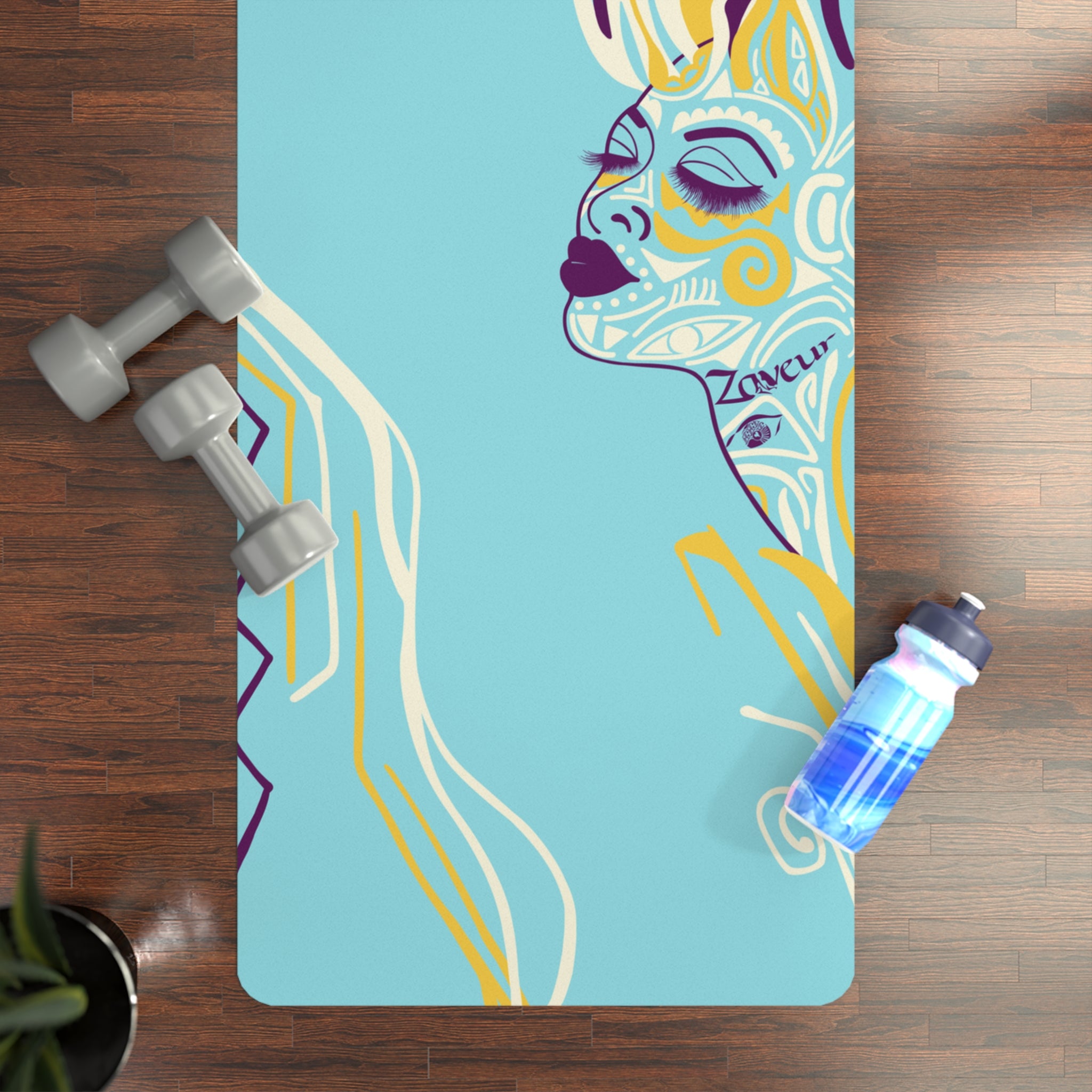 QUEEN OF PHOENIX Abstract Mermaid Face rubber yoga mat | turquoise ocean illustration