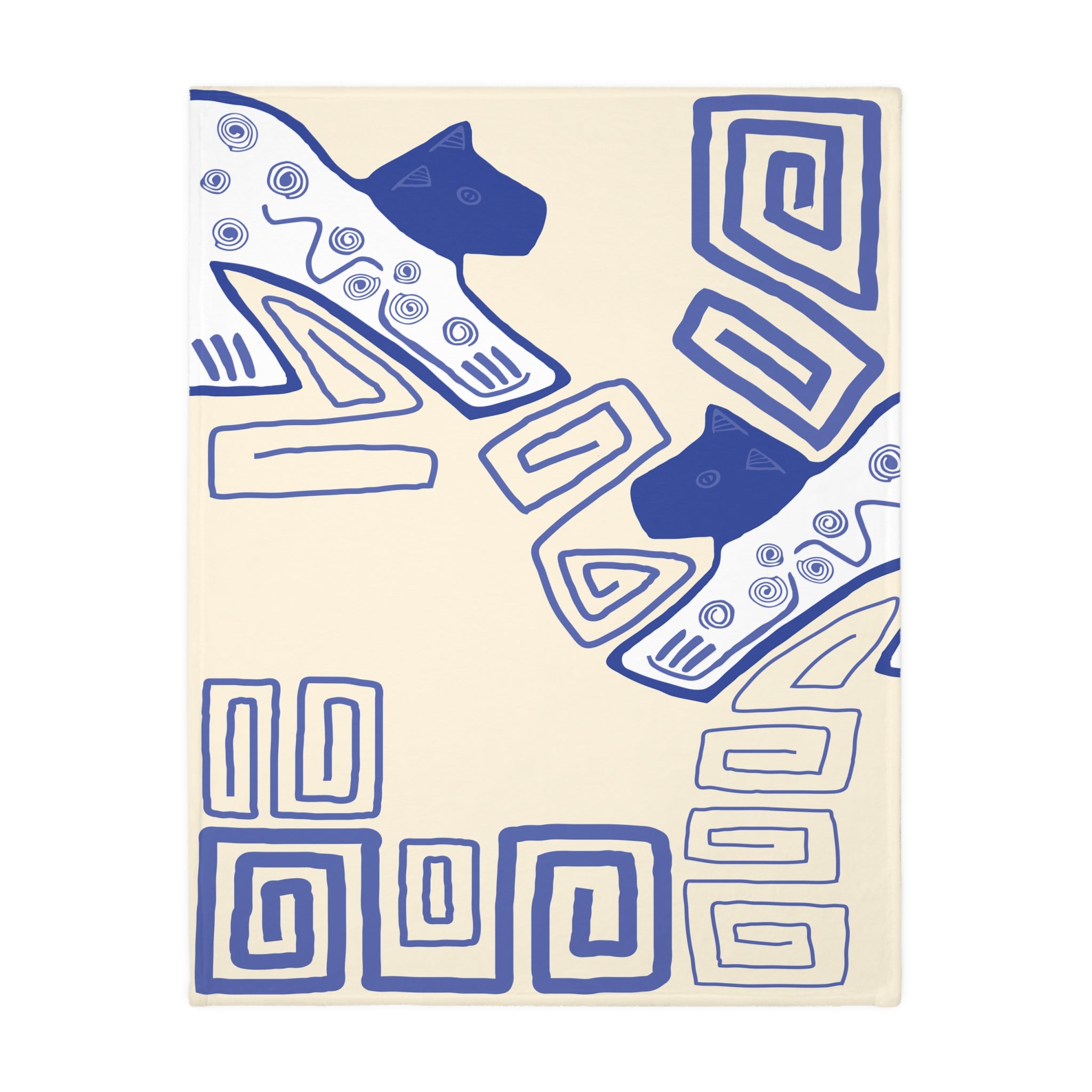 Colombian Dreams Blue Folk Cat Pattern Blanket | Velveteen Microfiber