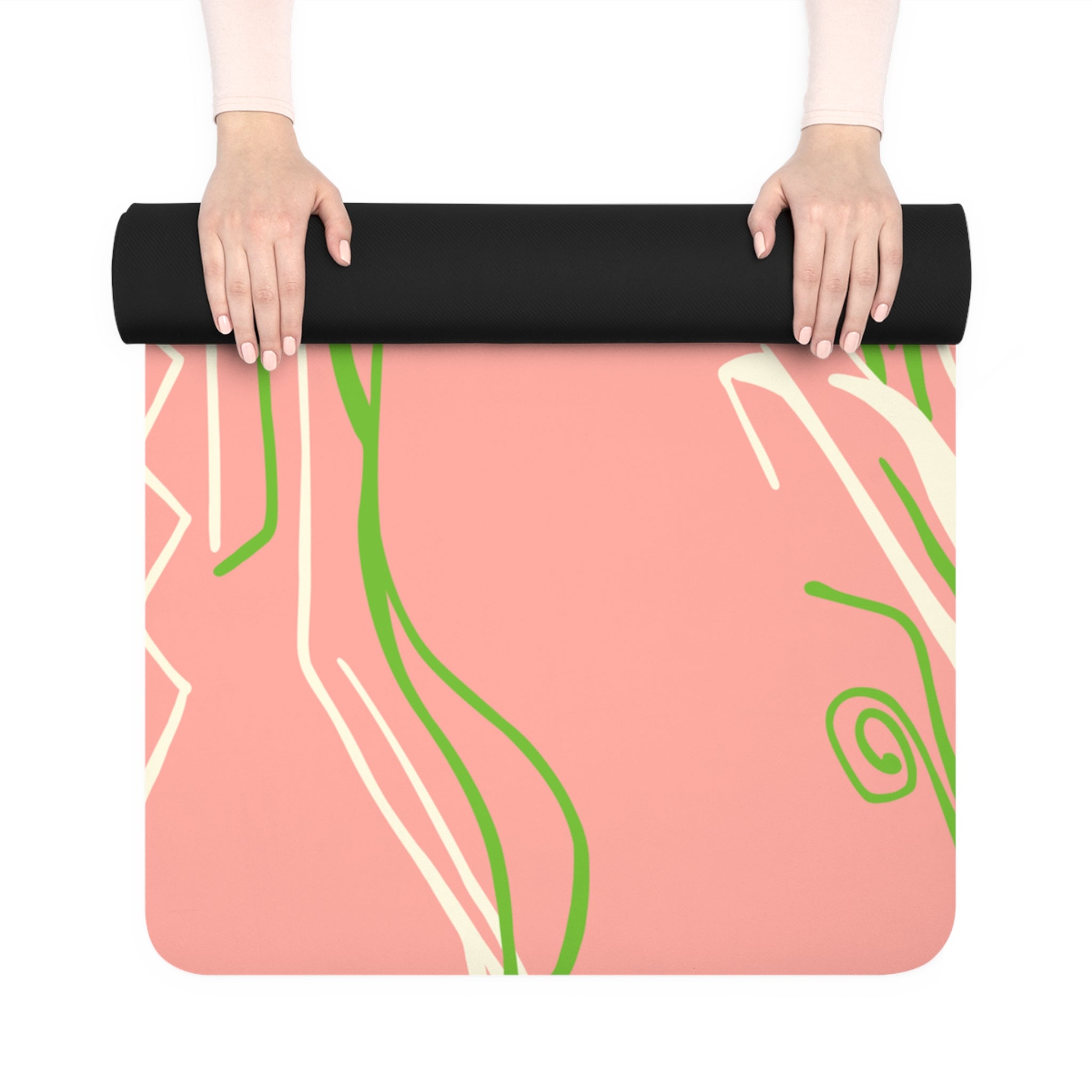 QUEEN OF PHOENIX Floral Woman Portrait Rubber Yoga Mat | Pink Green Abstract Botanical