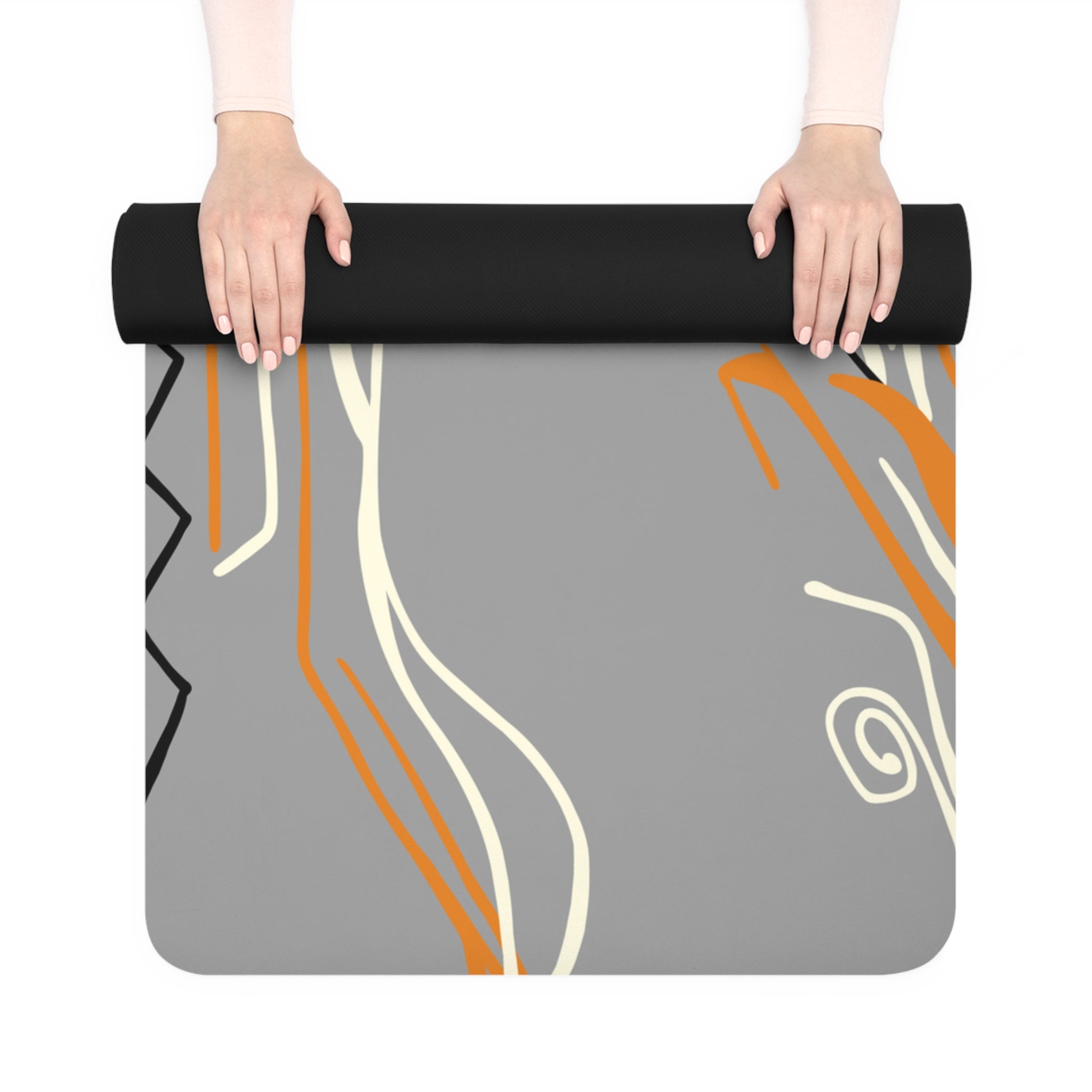 QUEEN OF PHOENIX Abstract Feminine Profile Rubber Yoga Mat | Graceful Line Art, Grey Orange Accents