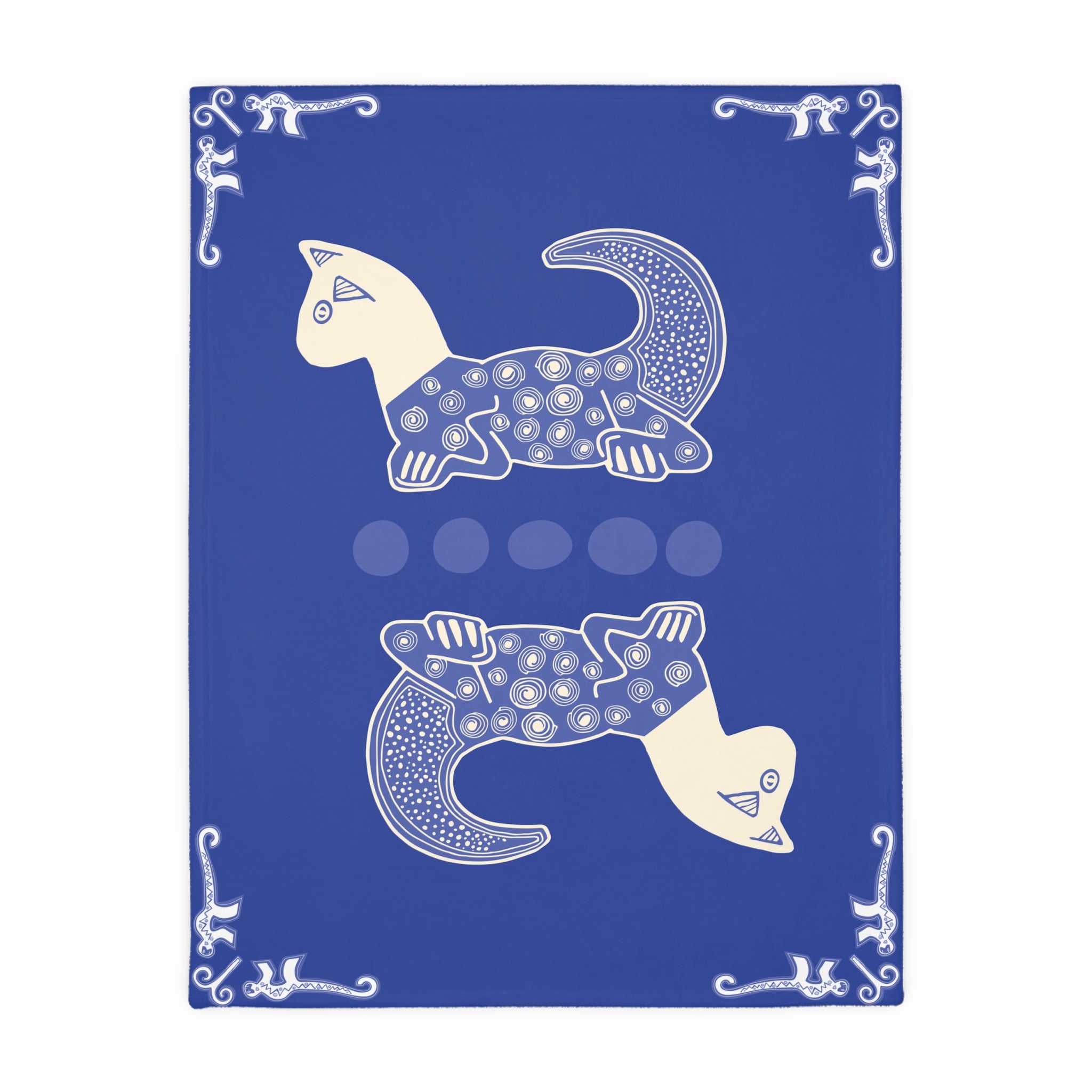 Colombian Dreams Blue Folk Cat Pattern Blanket | Velveteen Microfiber Blanket