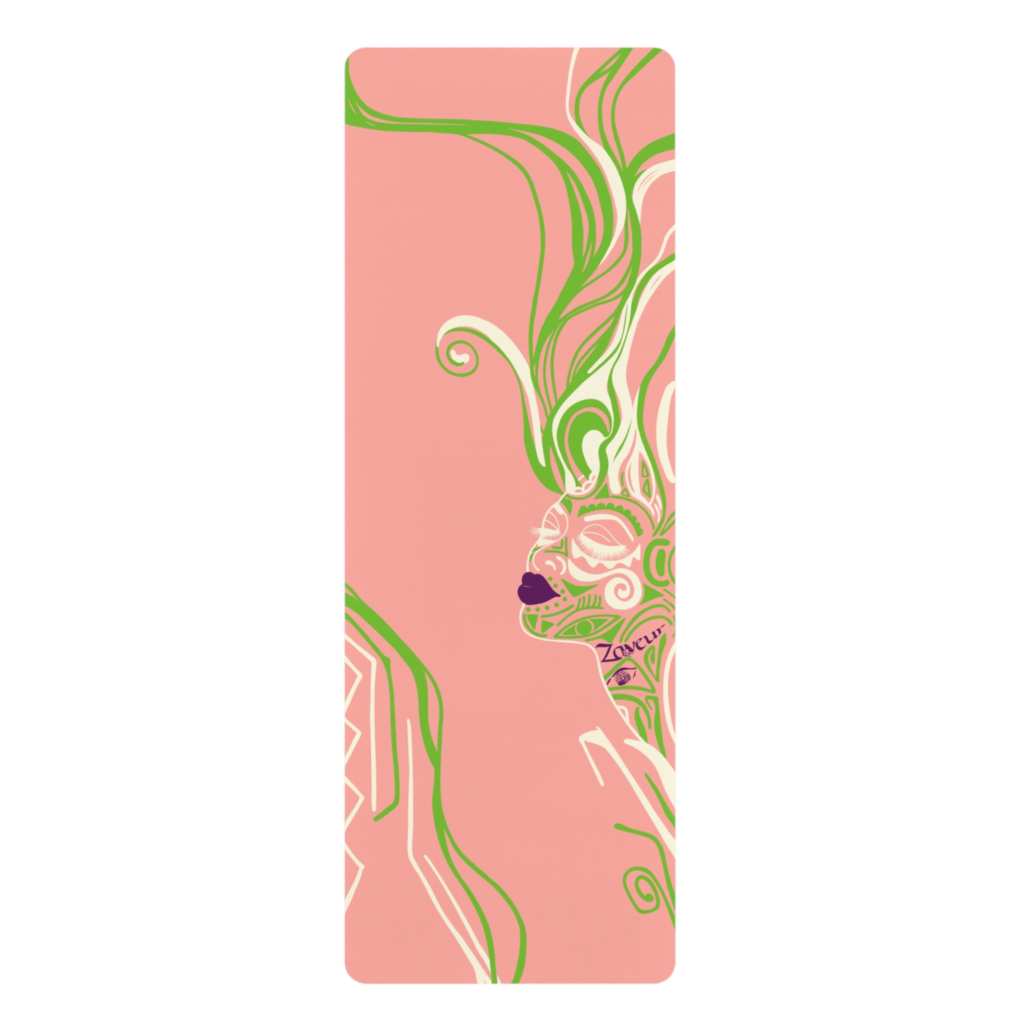 QUEEN OF PHOENIX Floral Woman Portrait Rubber Yoga Mat | Pink Green Abstract Botanical