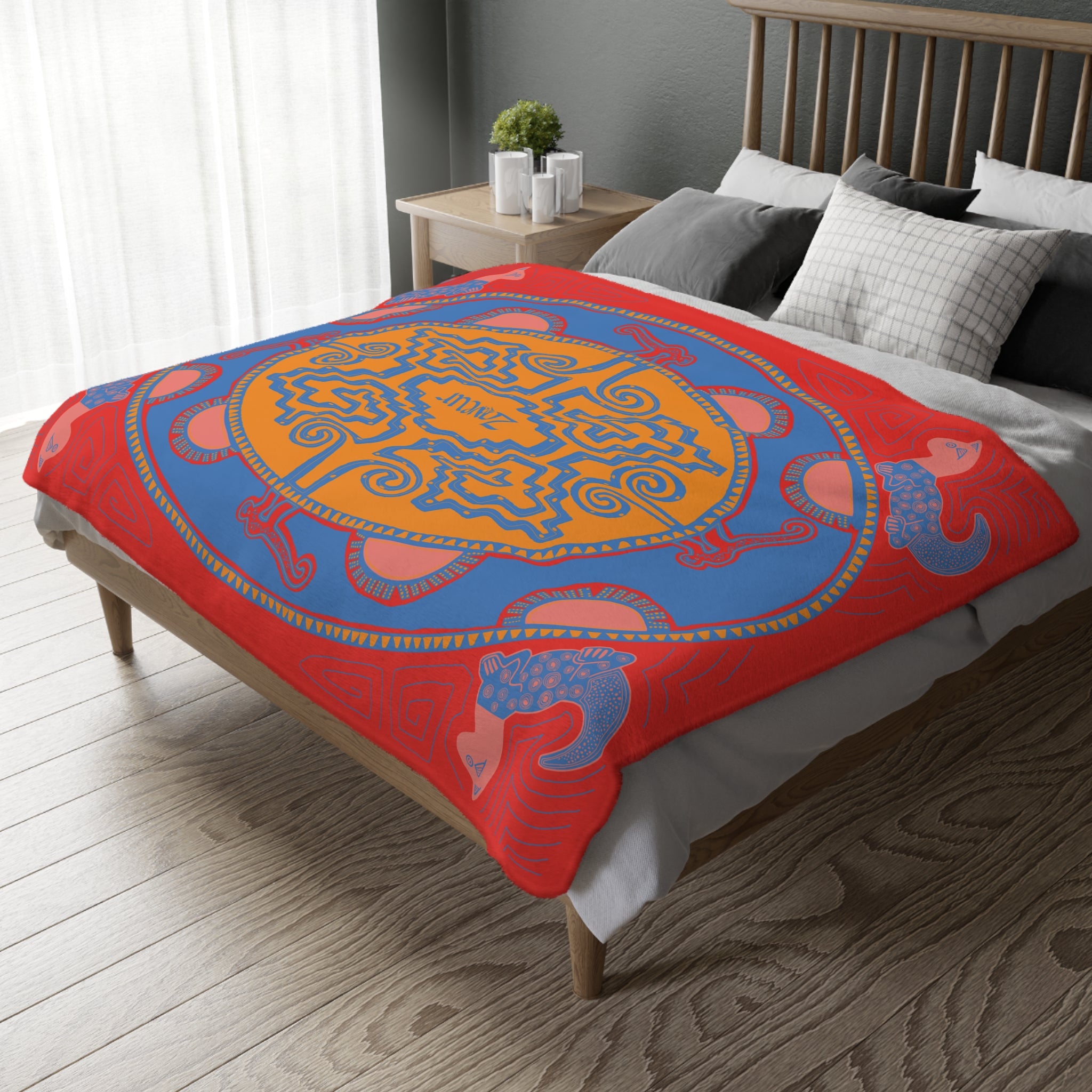 Colombian Dreams Blue Orange Mandala blanket | Geometric Boho Throw, Red Border Velvet Microfiber