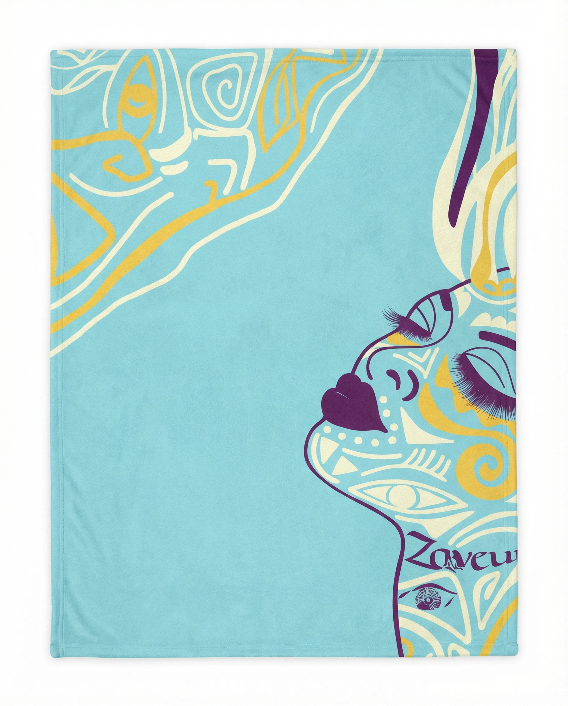 Back view of a modern abstract throw blanket featuring yellow, teal, cream, and purple flowing swirl patterns with a soft fabric finish.