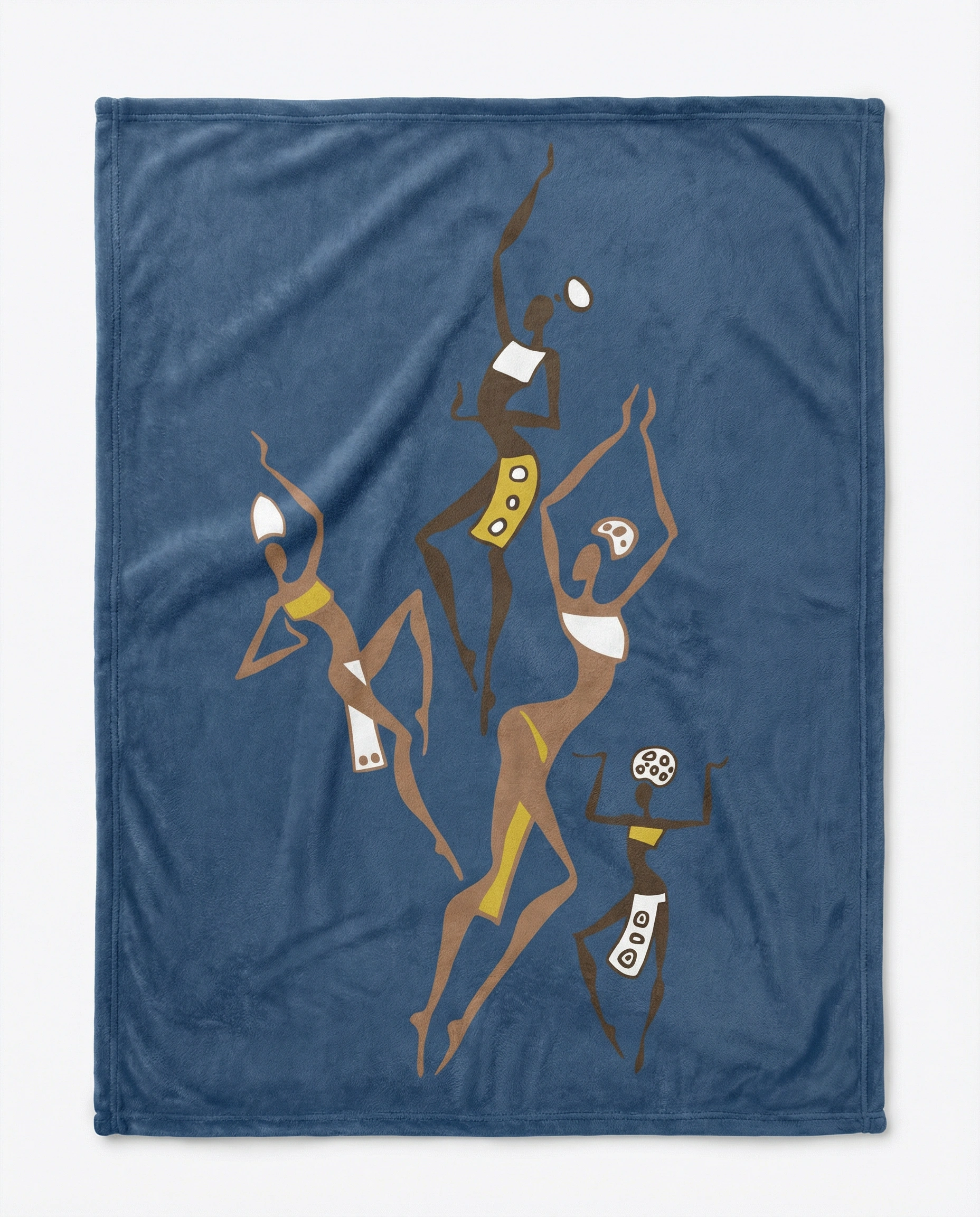 Front view of a blue fleece blanket featuring African tribal dancers artwork in earthy brown and gold tones, inspired by traditional African culture
