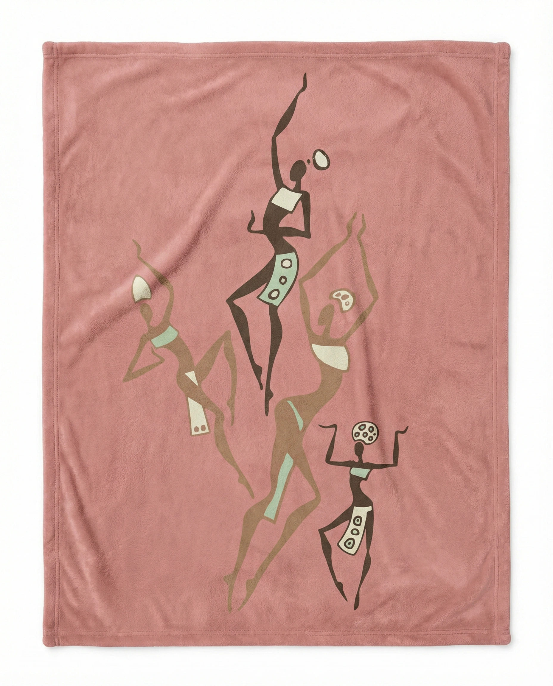 Front view of a pink fleece blanket featuring elegant African tribal dancers in earthy tones, inspired by traditional African art and culture