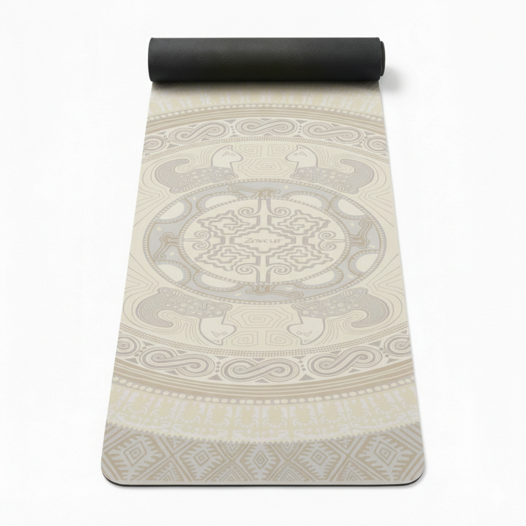 A high-angle product mockup of a yoga mat partially unrolled on a clean white background. The mat features an intricate, cream-colored bohemian mandala design with symmetrical patterns and stylized animal motifs in subtle slate-grey and sand tones. The top portion of the mat is tightly rolled, showing a black non-slip rubber underside.