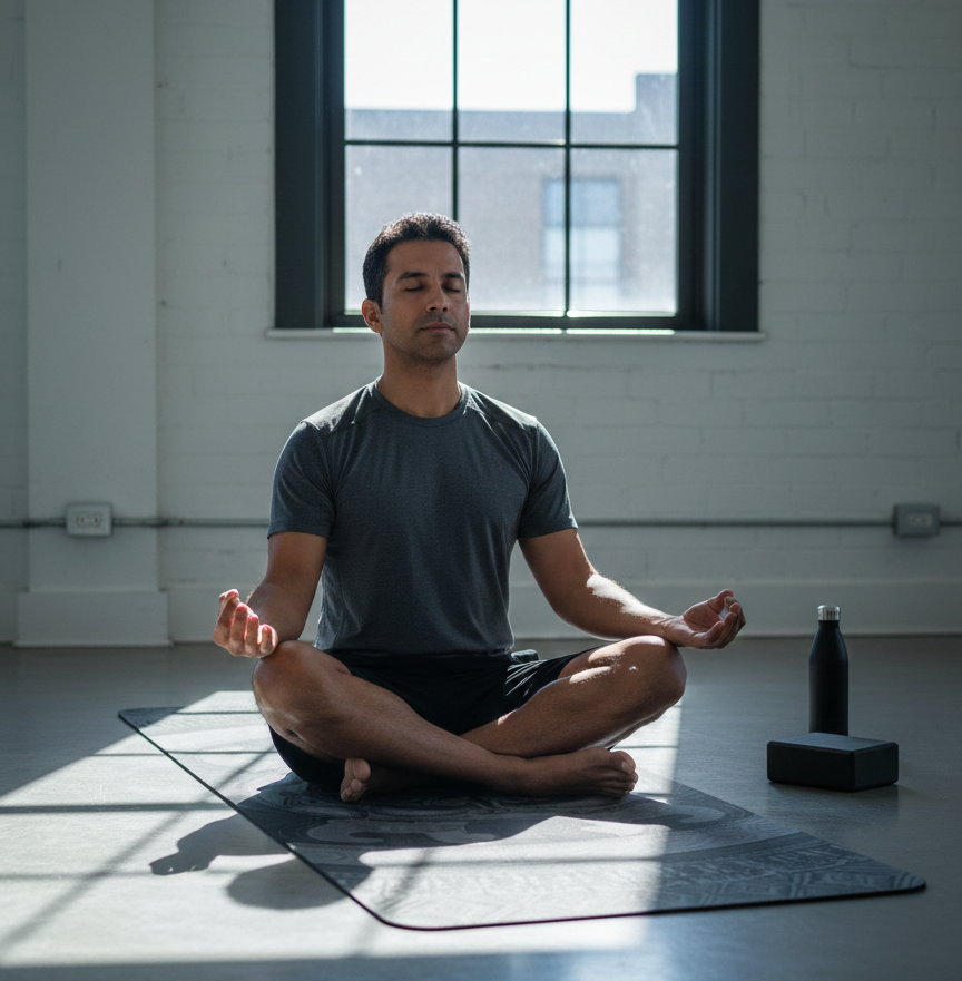 A partially rolled yoga mat in shades of dark charcoal and light grey, showcasing a large central circular emblem surrounded by tribal geometric shapes and symmetrical animal icons.