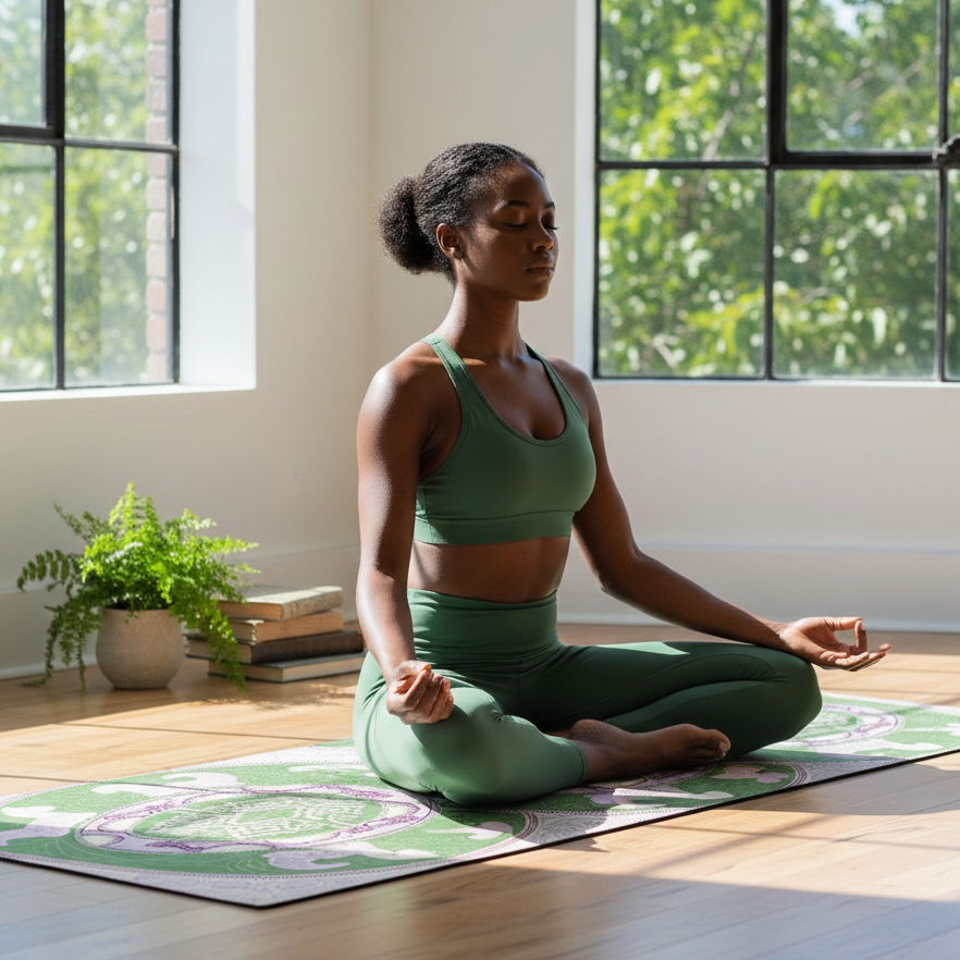 A detailed, close-up shot of a textured yoga mat showing a vibrant green background with purple and cream geometric Shipibo-inspired patterns, including circular motifs and stylized animal figures.