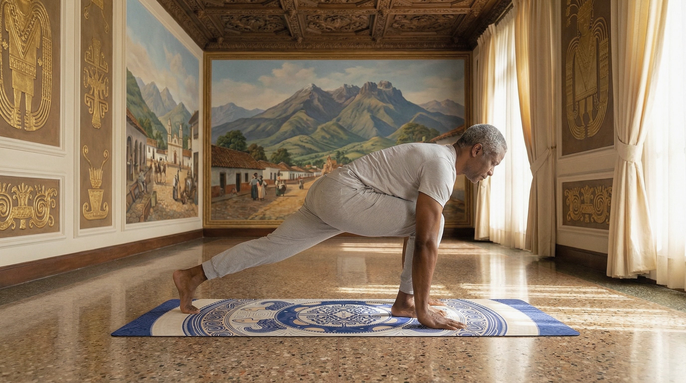 Man in gray workout clothes performing Chaturanga Dandasana plank pose on blue and white mandala print yoga mat in ornate room with Colombian landscape mural, pre-Columbian art panels, and natural sunlight