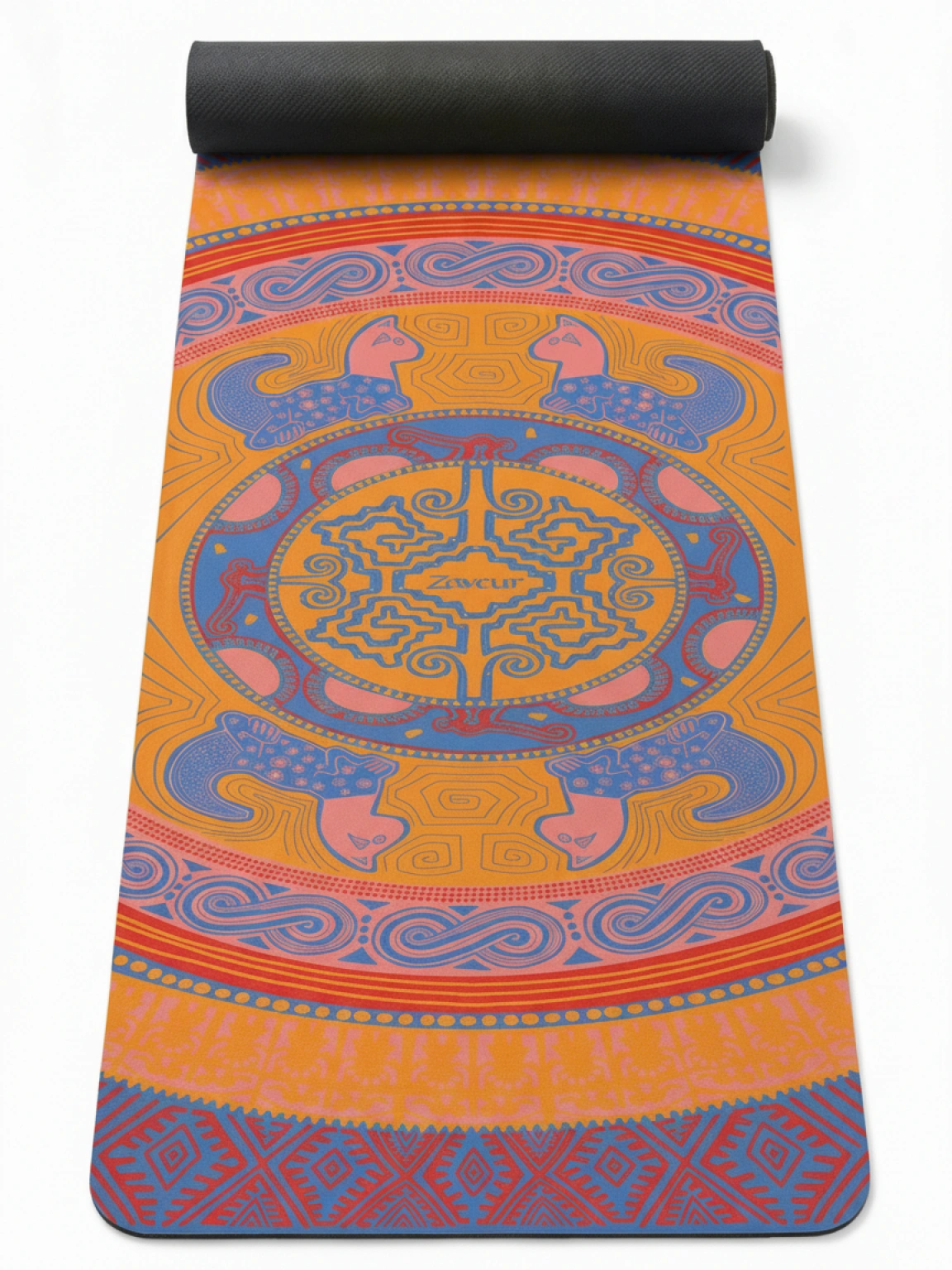 Full length yoga mat with vibrant mandala design in orange, blue, and coral colors featuring central geometric pattern, peacock birds, spiral waves, and black backing