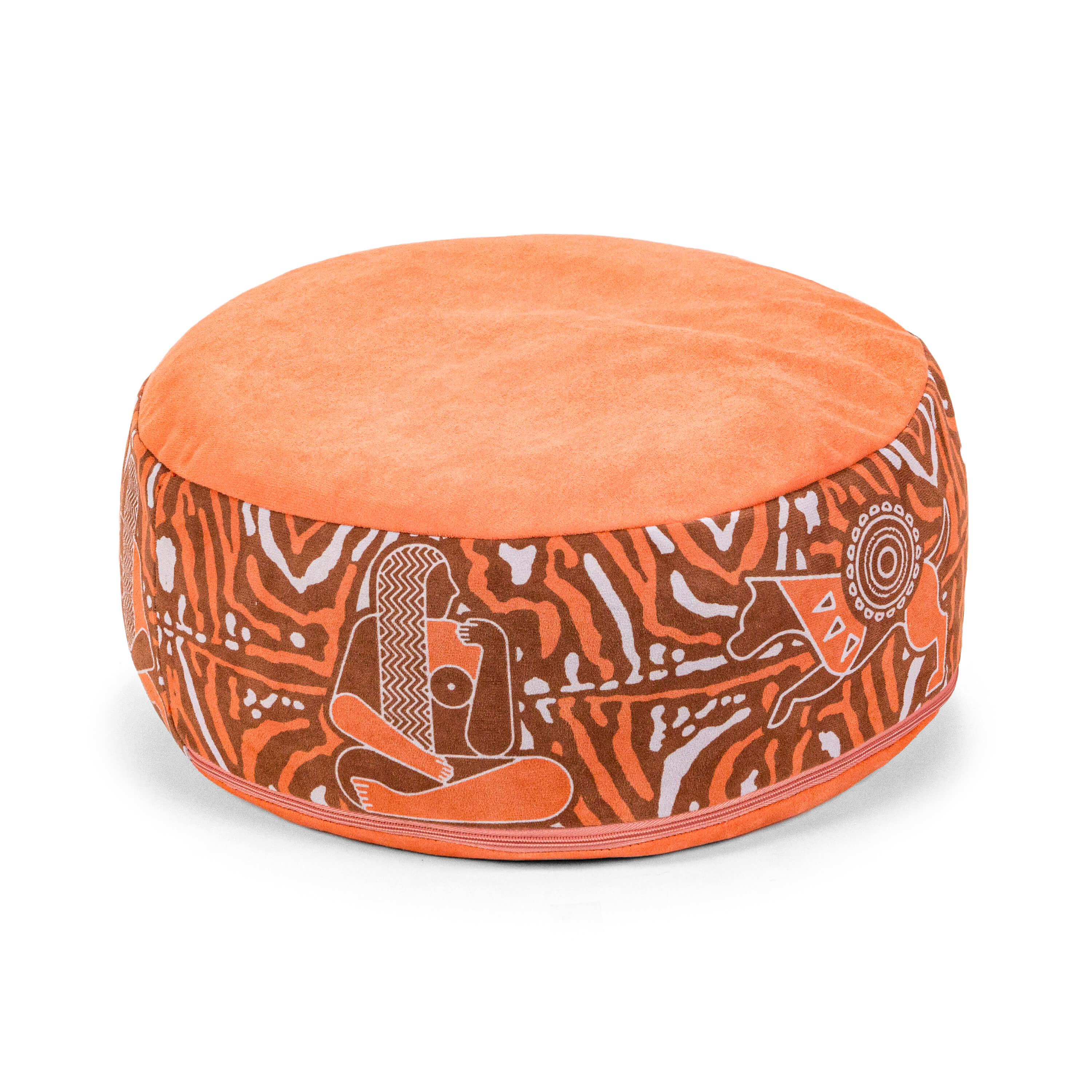 Orange Royal Court Meditation Cushion with Egyptian-inspired motifs and supportive buckwheat fill.