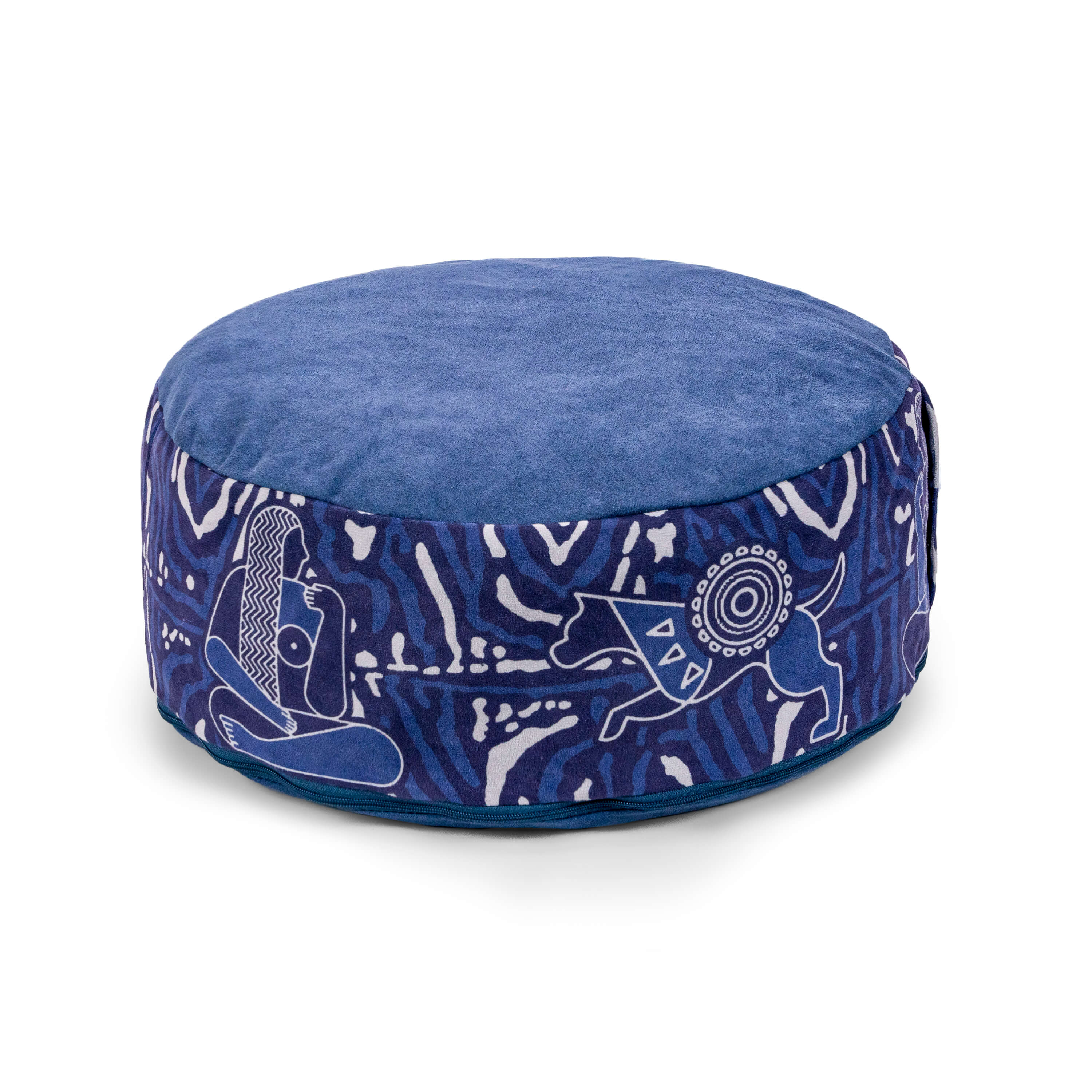 Blue Royal Court meditation cushion with Egyptian-inspired geometric detailing and plush cotton-suede top.
