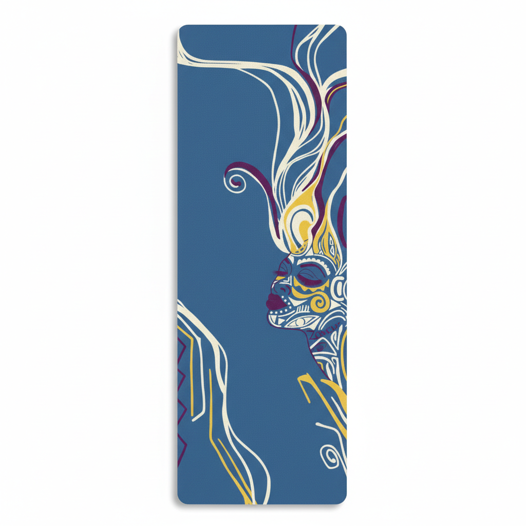 A navy blue yoga mat featuring a woman in profile with yellow and purple decorative face art and long, flowing white and purple hair.