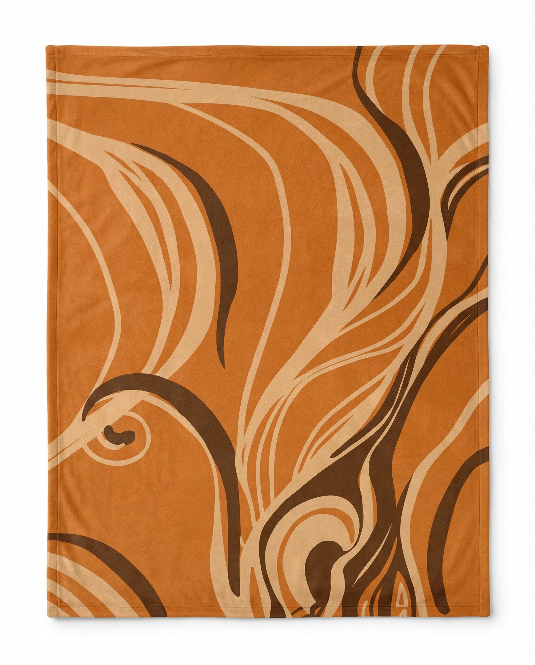 Folded orange abstract fleece blanket showing soft fabric texture and modern swirl pattern