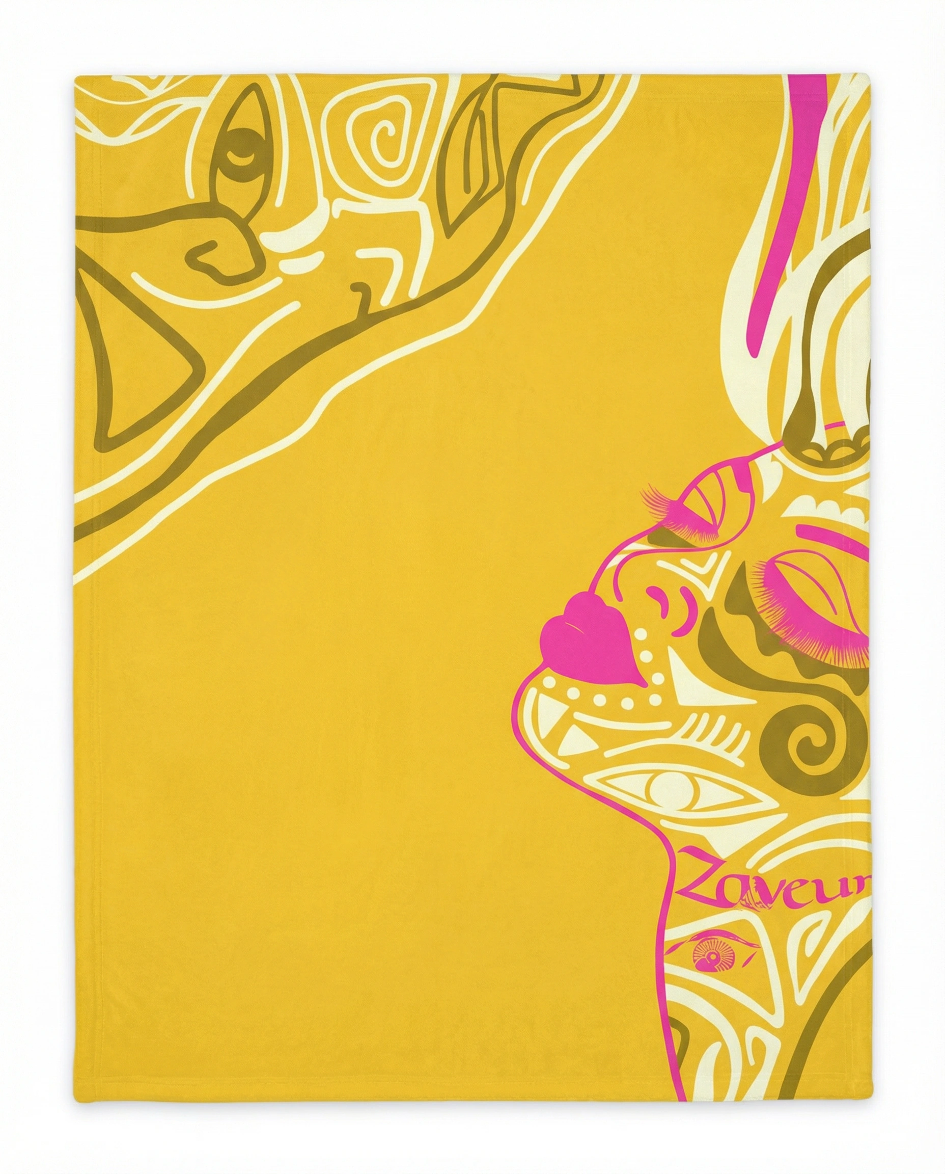 Back view of a white fleece blanket with flowing gold abstract line patterns, showcasing a modern artistic design with smooth curves and soft texture