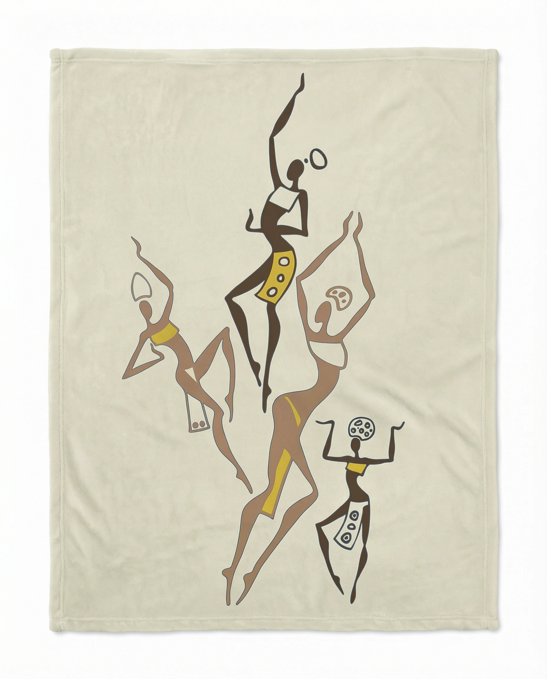 Back view of a gold African geometric pattern fleece blanket with intricate tribal motifs, displayed flat to highlight the detailed design and texture