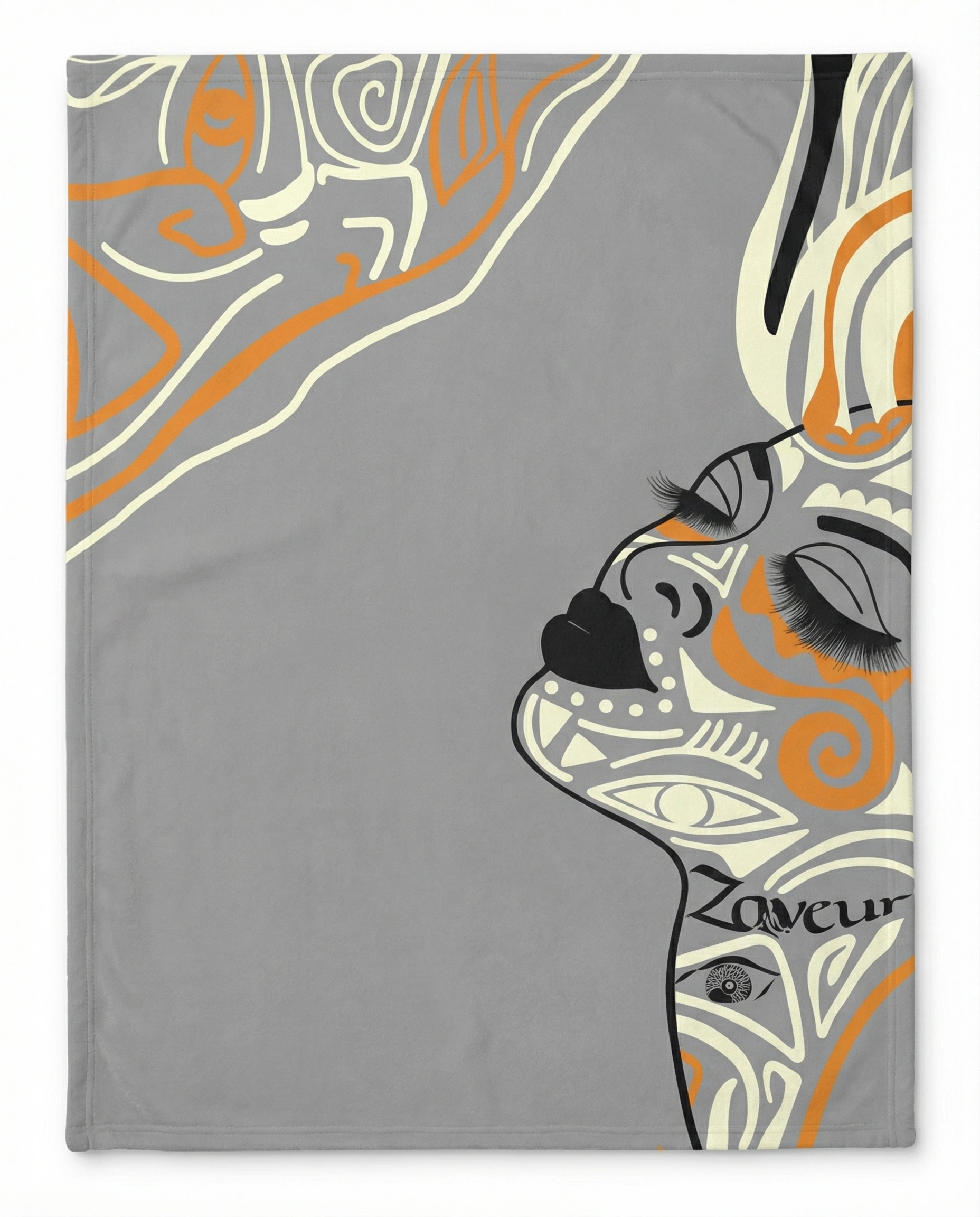 Front view of a gray fleece blanket featuring elegant feminine abstract line art in orange, cream, and black tones, creating a modern artistic home decor statement