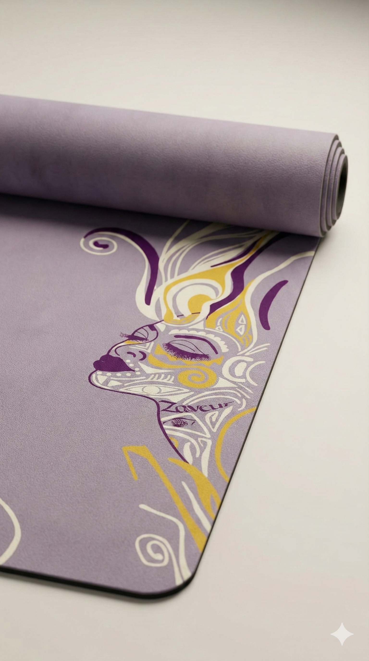 Rolled lavender yoga mat featuring an artistic abstract face and flowing swirl design, shown in a clean studio close-up.