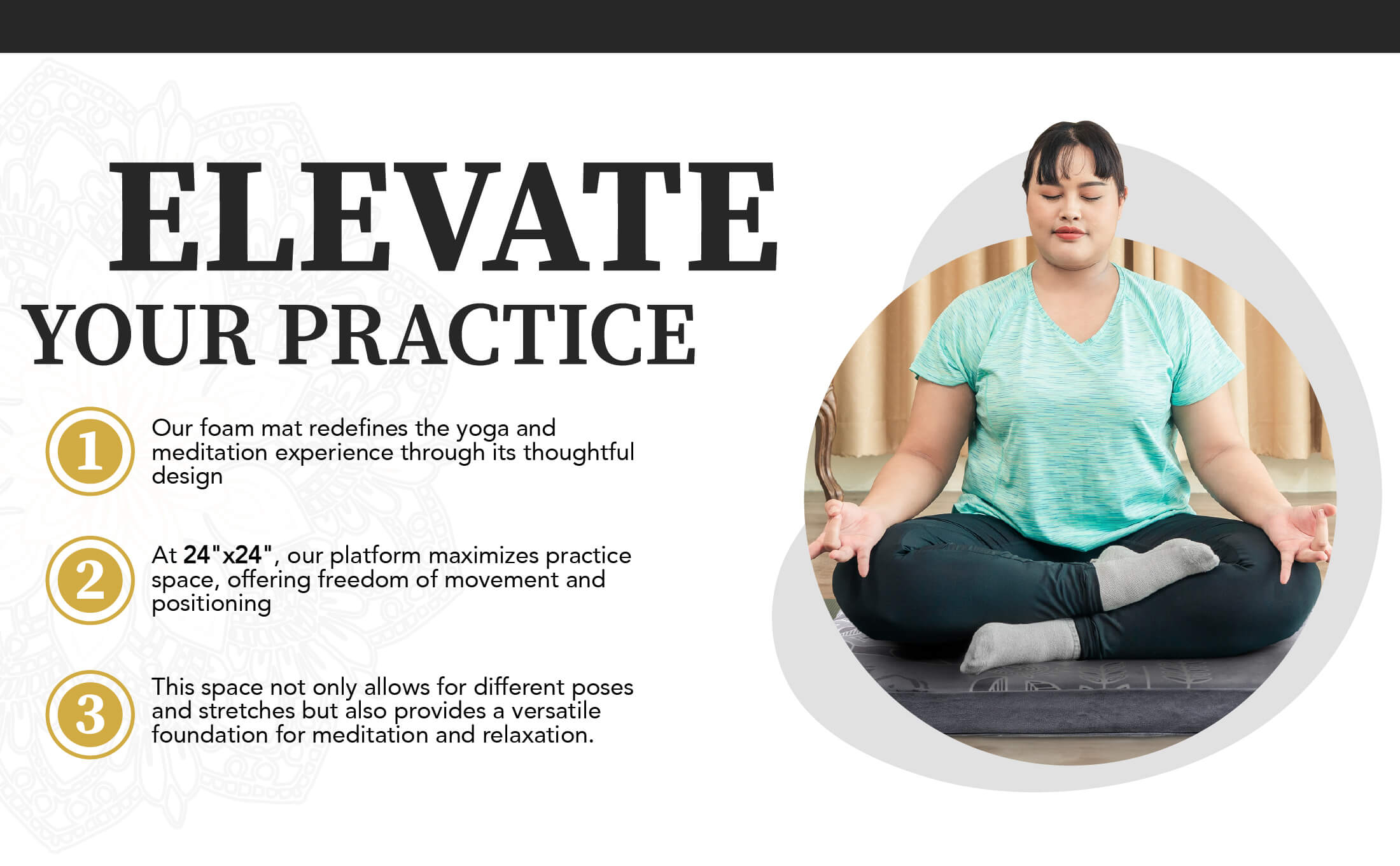 Person sitting in a yoga pose on a foam mat with promotional text about its features.