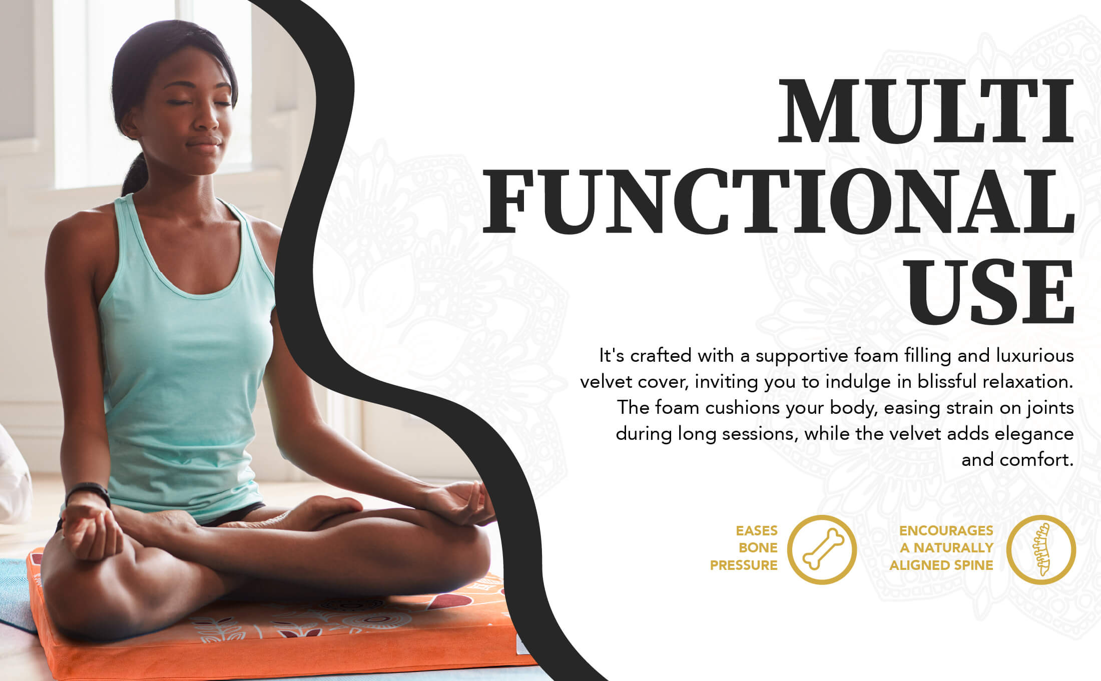 Woman practicing yoga on a foam roller with promotional text about its multifunctional use.