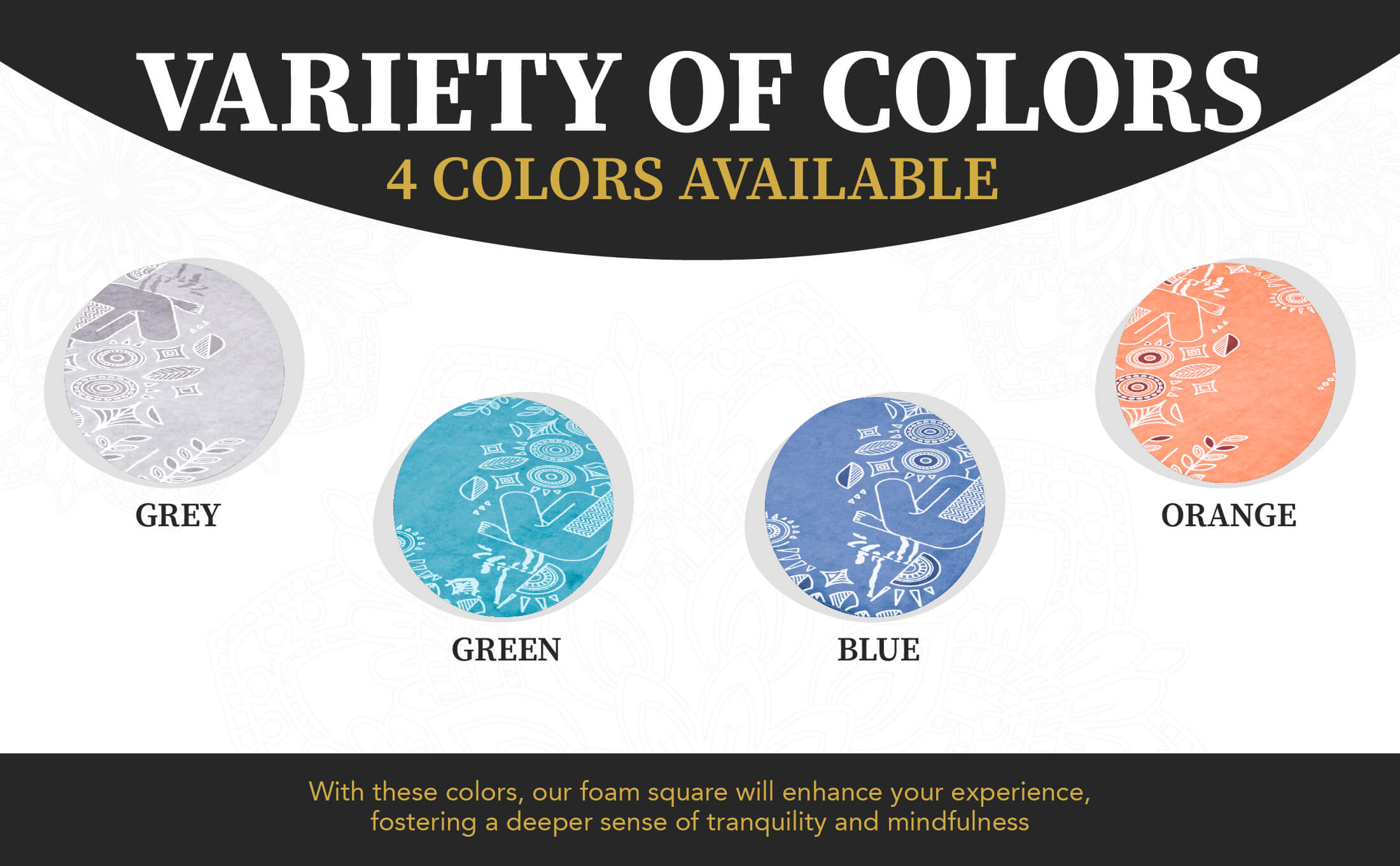 Color swatches labeled Grey, Green, Blue, and Orange with text about color availability and benefits.