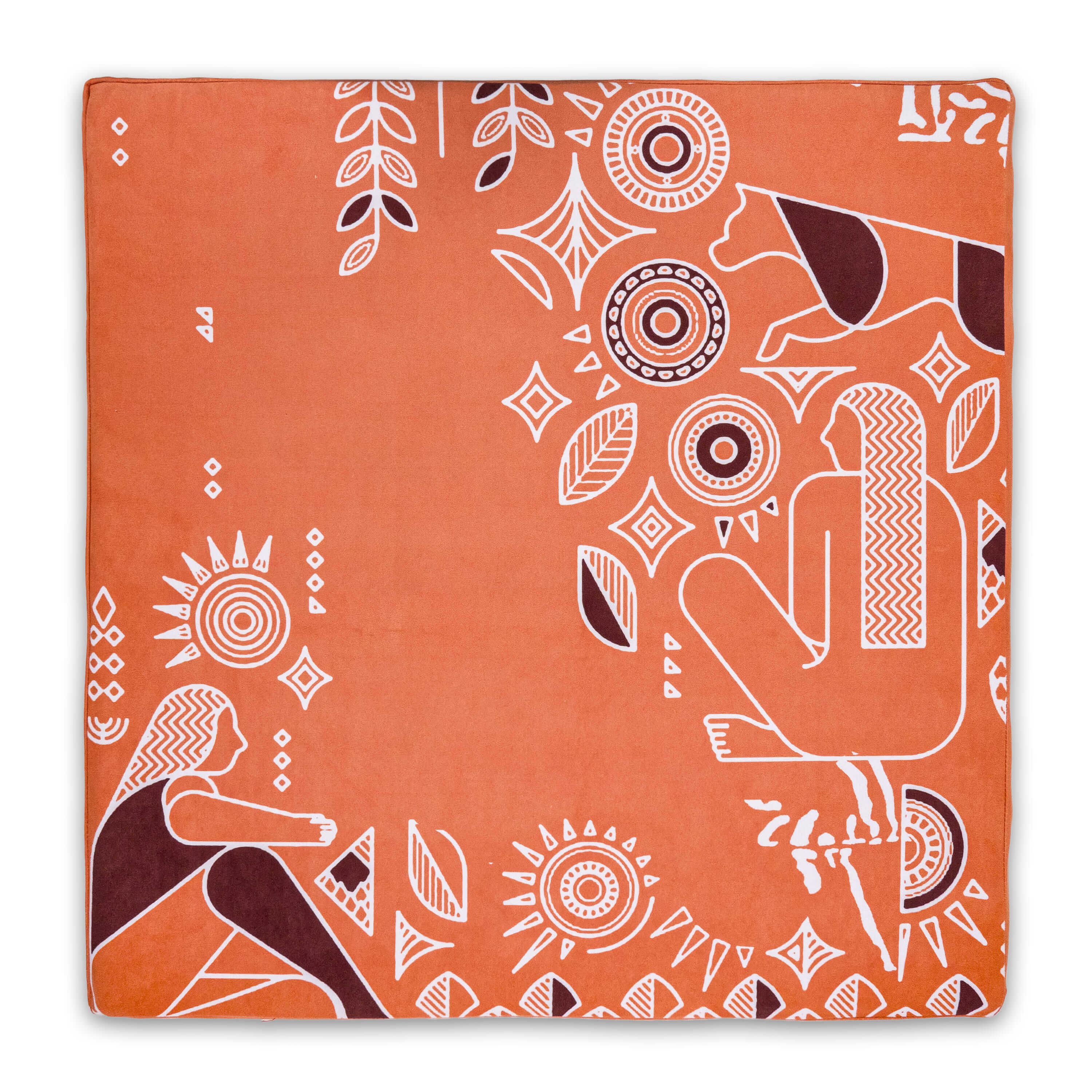 Orange fabric with white and brown abstract patterns on a white background