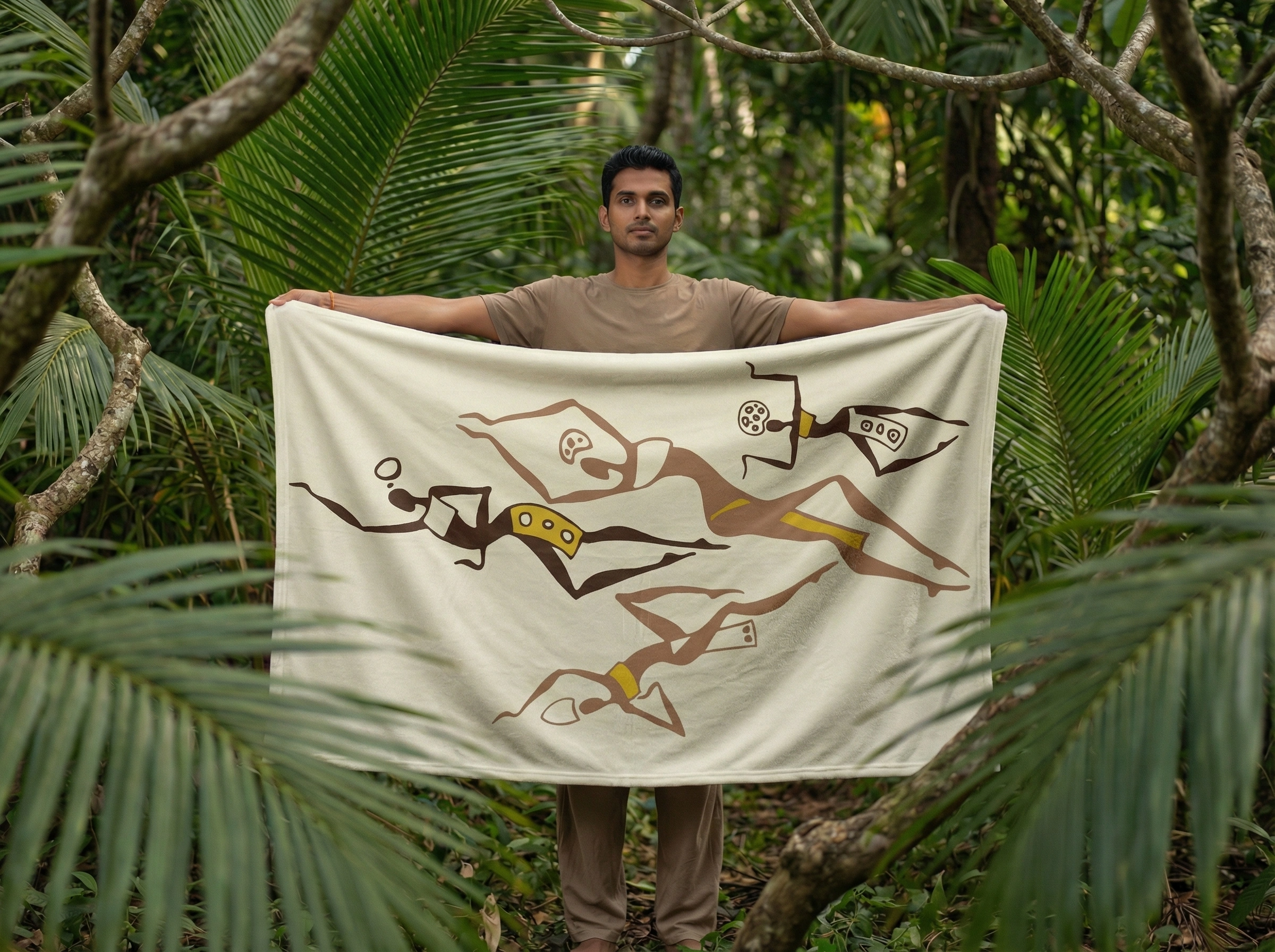 Man holding an off-white yoga towel featuring abstract tribal art figures, standing in a lush green forest, symbolizing mindful living, meditation, and connection to nature.