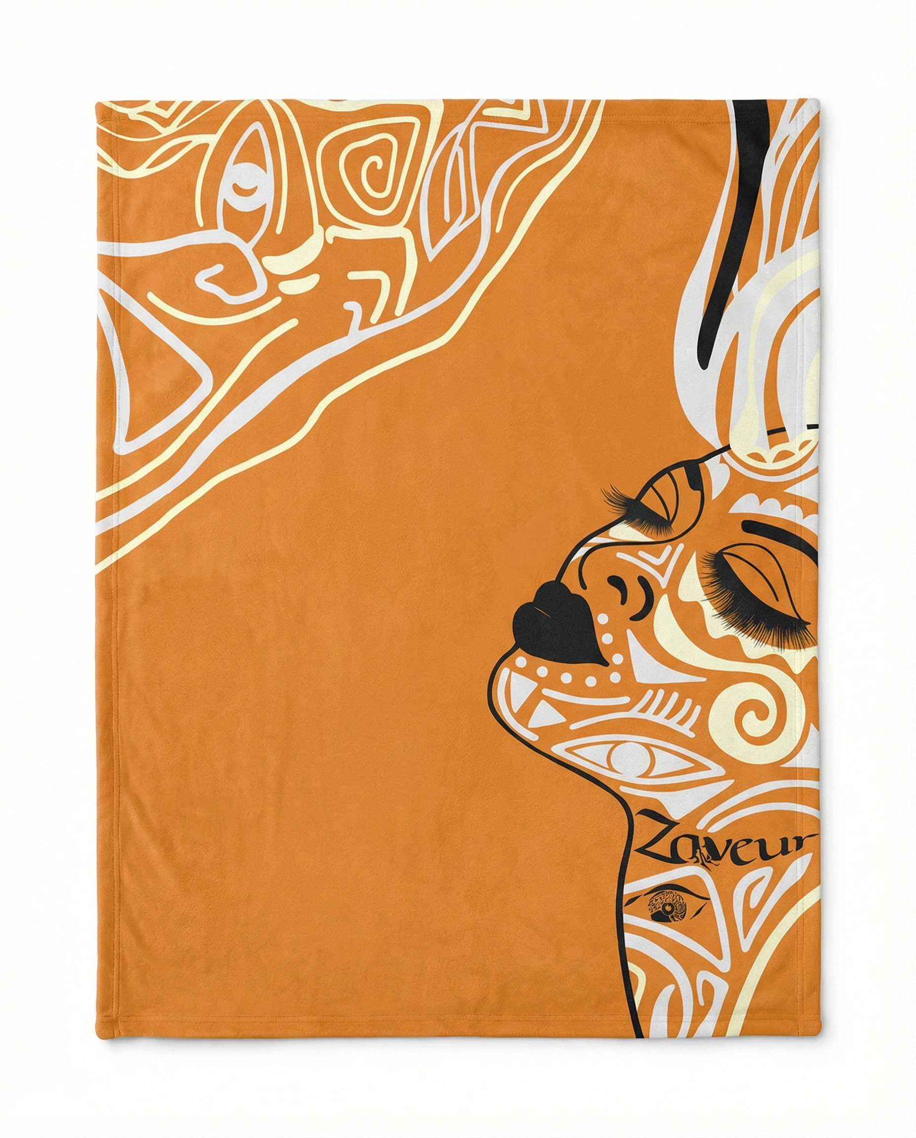 Front view of an orange fleece blanket featuring elegant feminine abstract line art in cream and black tones, creating a bold modern home decor statement
