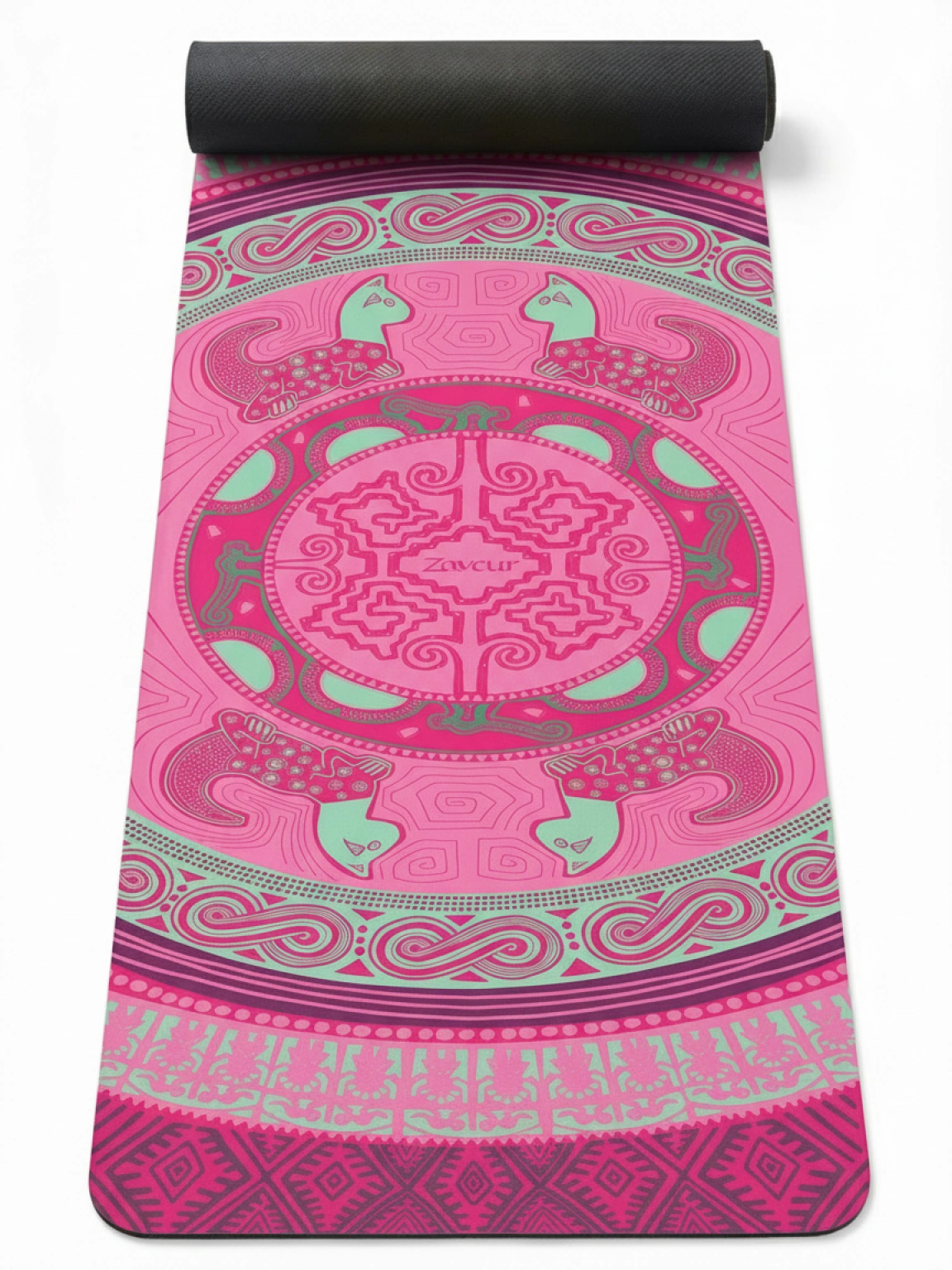 Full-length pink and mint green yoga mat partially rolled displaying mandala design with peacock motifs, Zawelu branding, geometric patterns, tribal borders, and textured non-slip surface with black backing