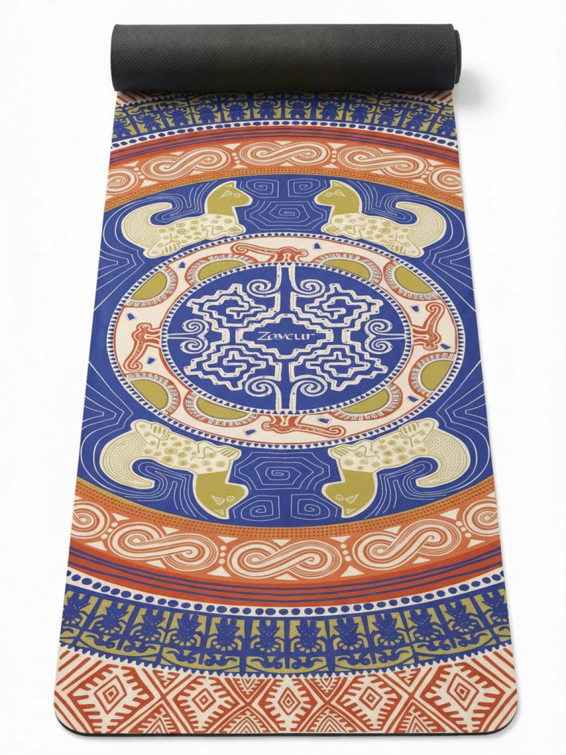 Full-length view of rolled yoga mat featuring blue, orange, and cream mandala design with peacock motifs, geometric patterns, and Zawelu branding on textured non-slip surface with black backing