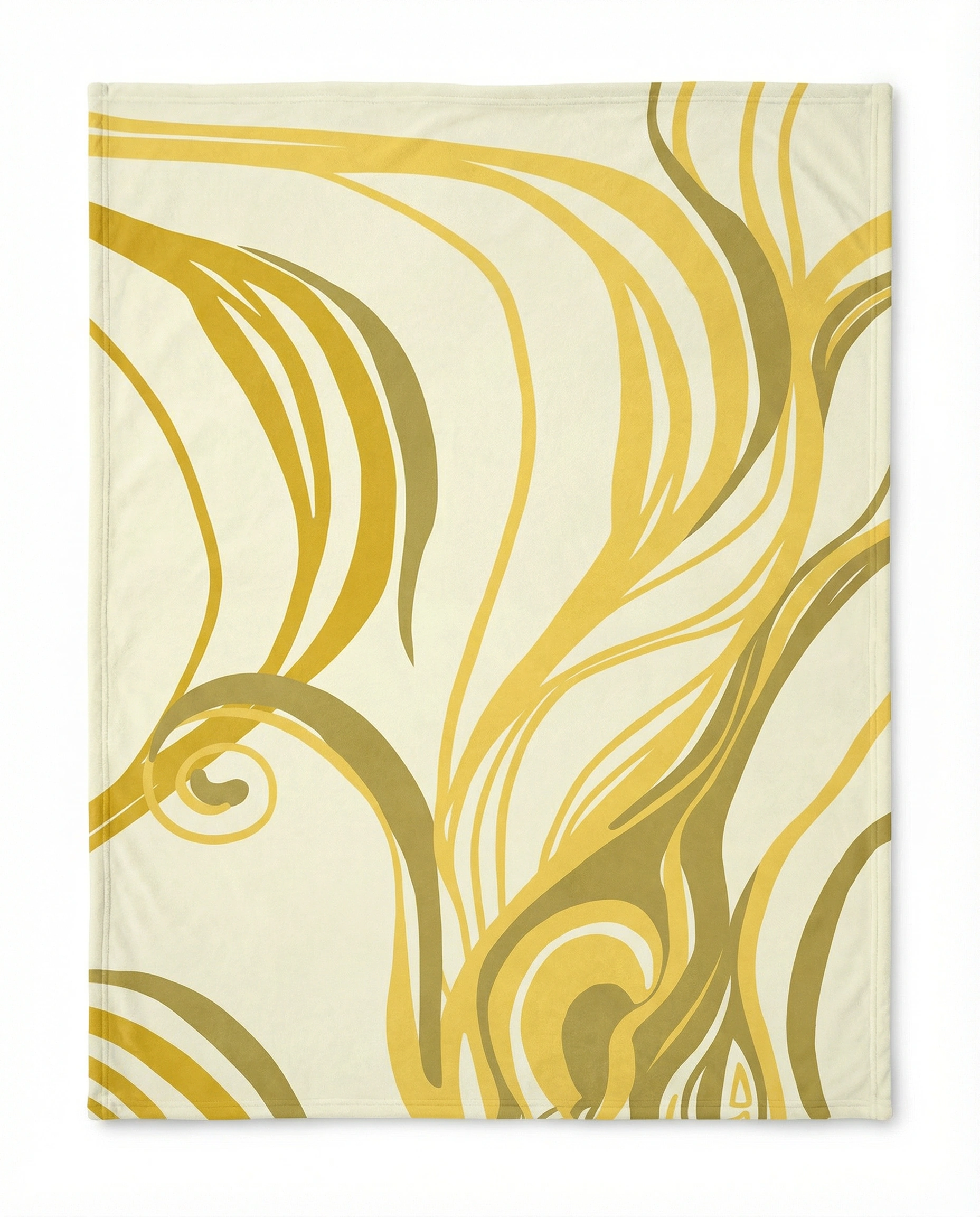 Folded reversible fleece blanket featuring a rich gold plush side and a white abstract line art pattern, highlighting softness, warmth, and premium quality
