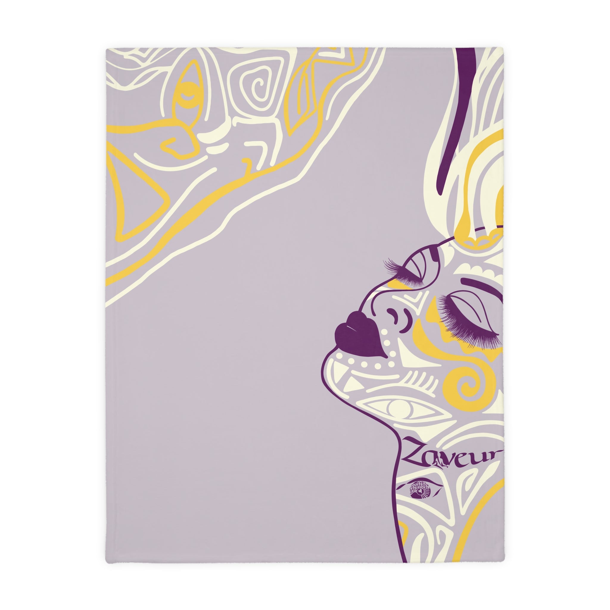 Soft purple fleece blanket featuring a modern abstract line art face design with yellow and cream accents on a smooth plush surface.