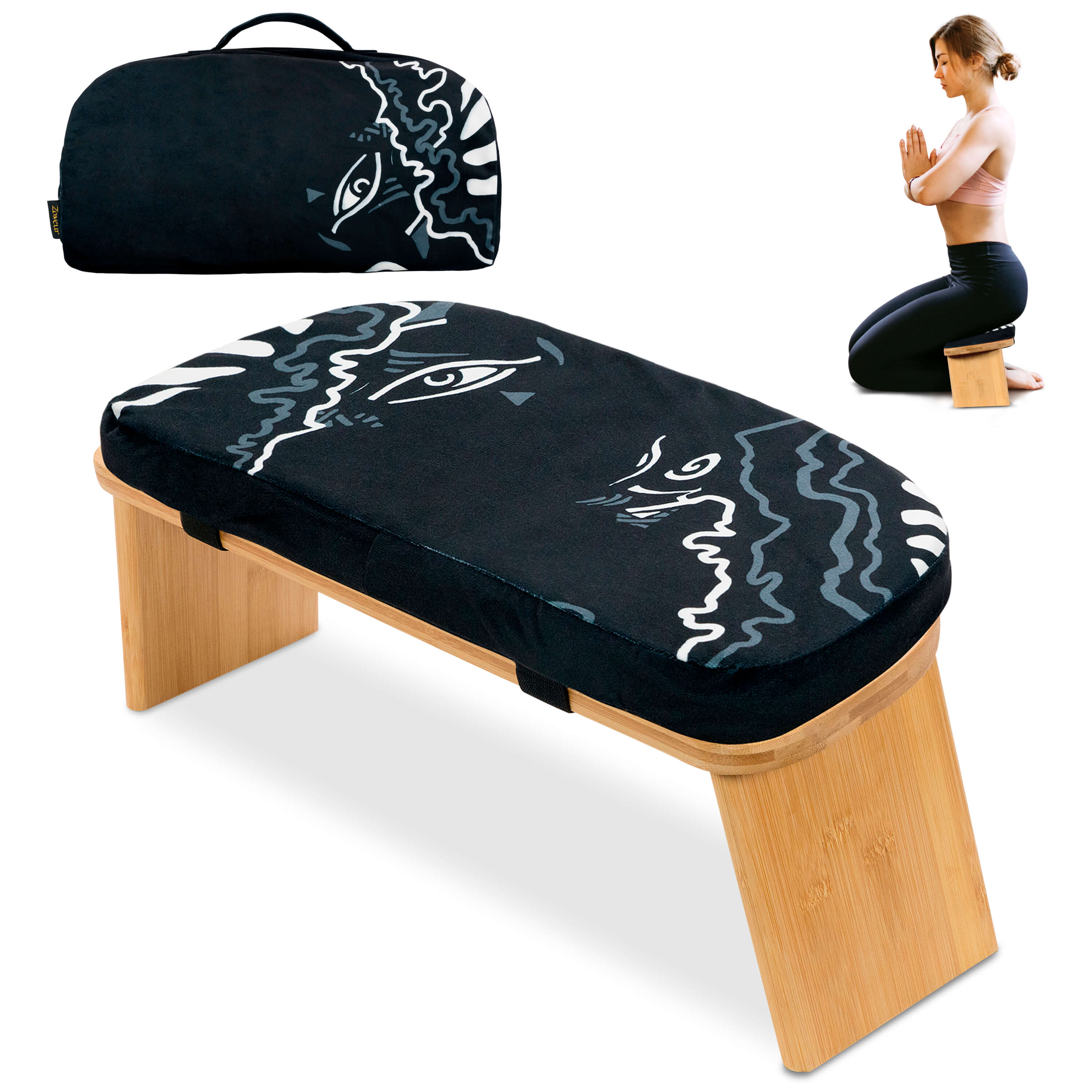 Yoga mat with artistic design on a wooden mat rack, with a woman practicing yoga in the background.