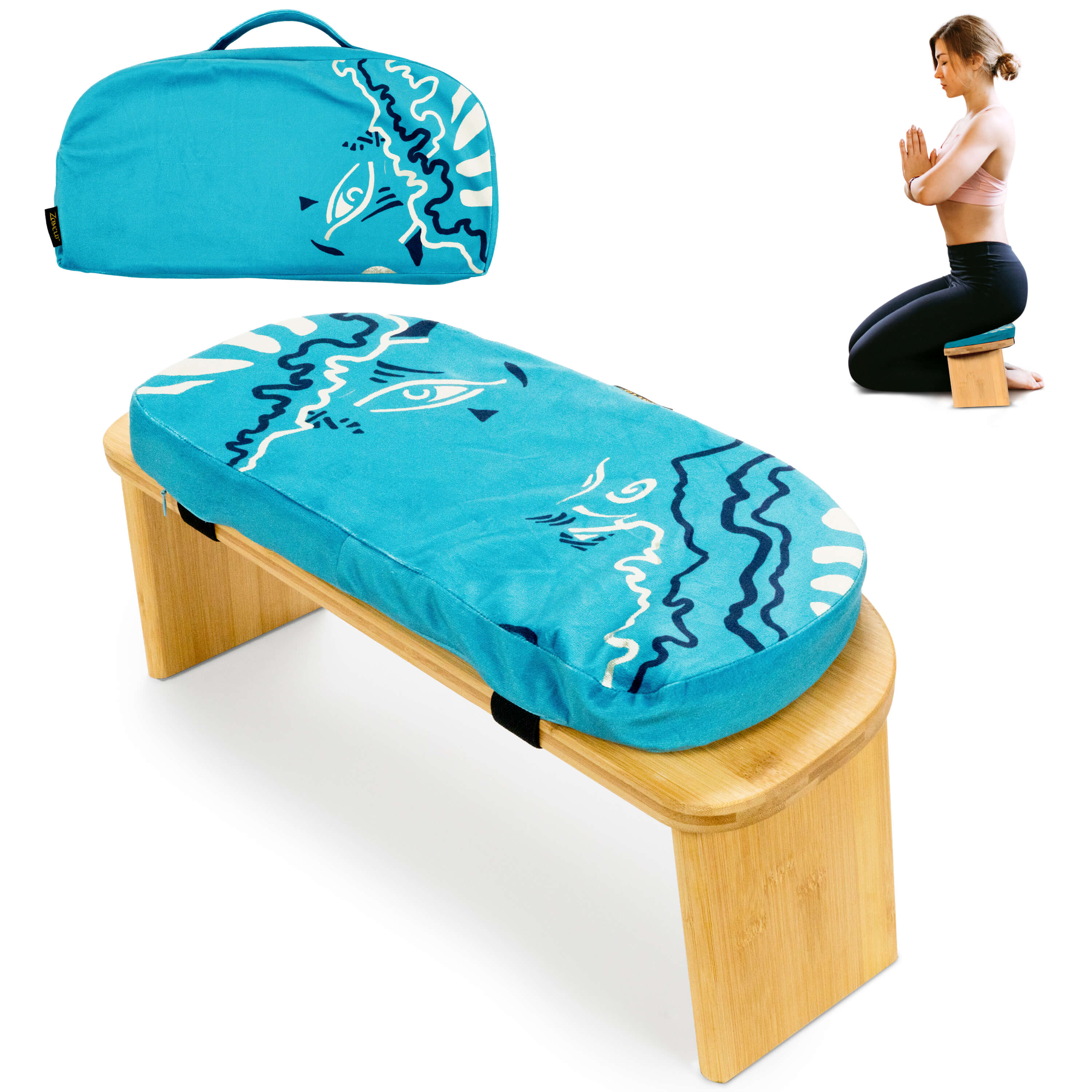 Yoga bench with blue cushion and carrying case, woman practicing yoga in the background