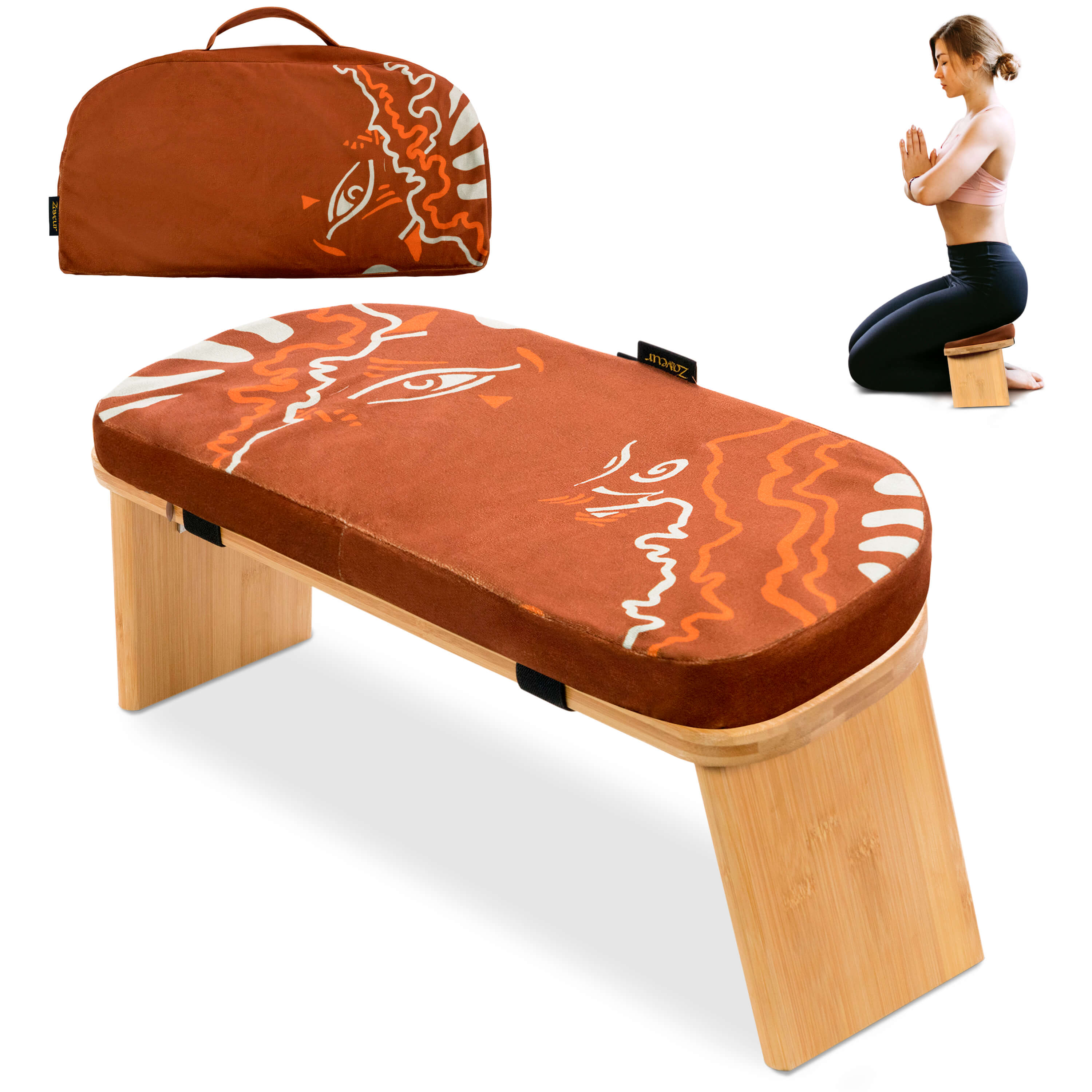 Yoga mat with wooden border and decorative design, accompanied by a carrying case.