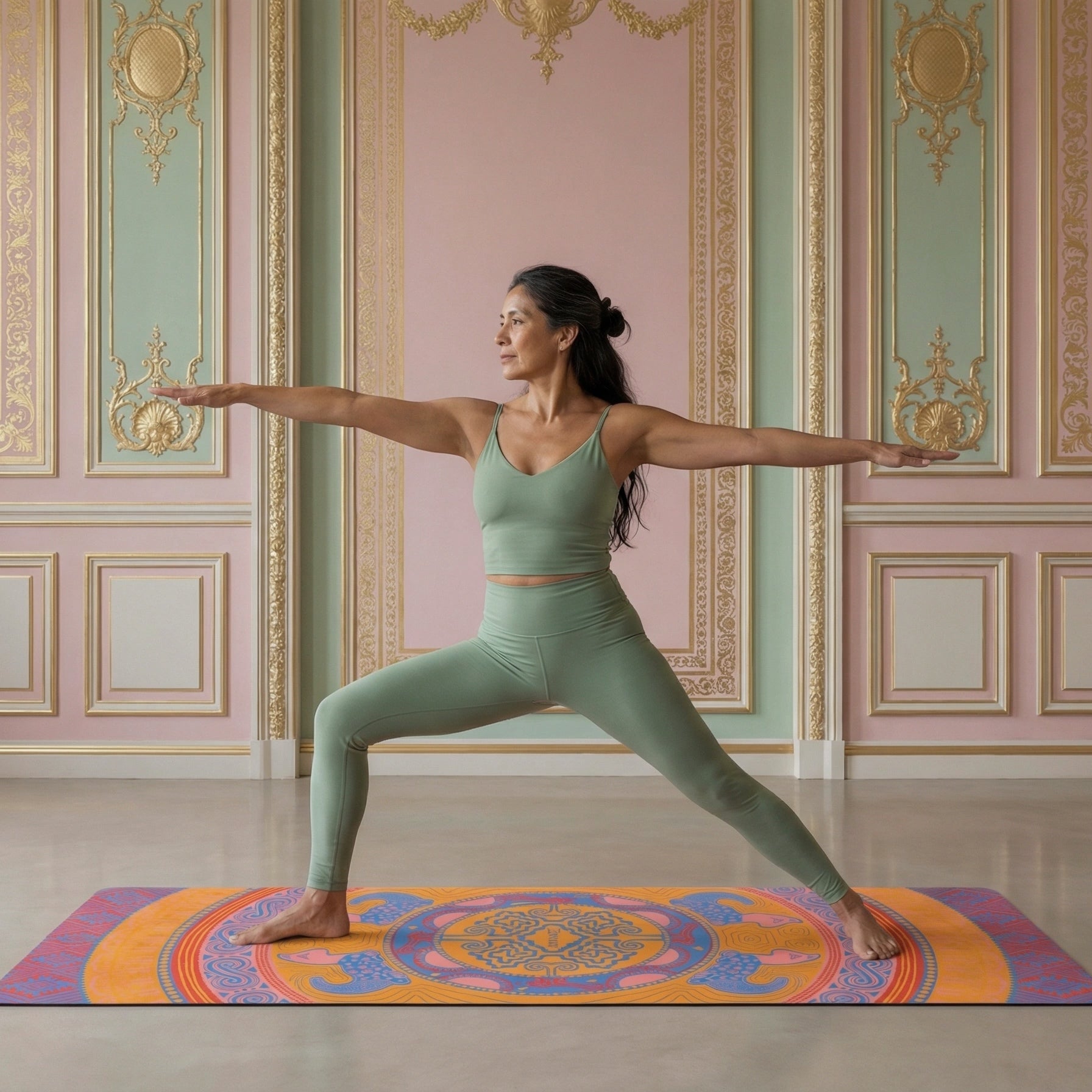 Woman in white activewear practicing low lunge yoga pose on orange and blue mandala patterned yoga mat in ornate room with decorative French paneling