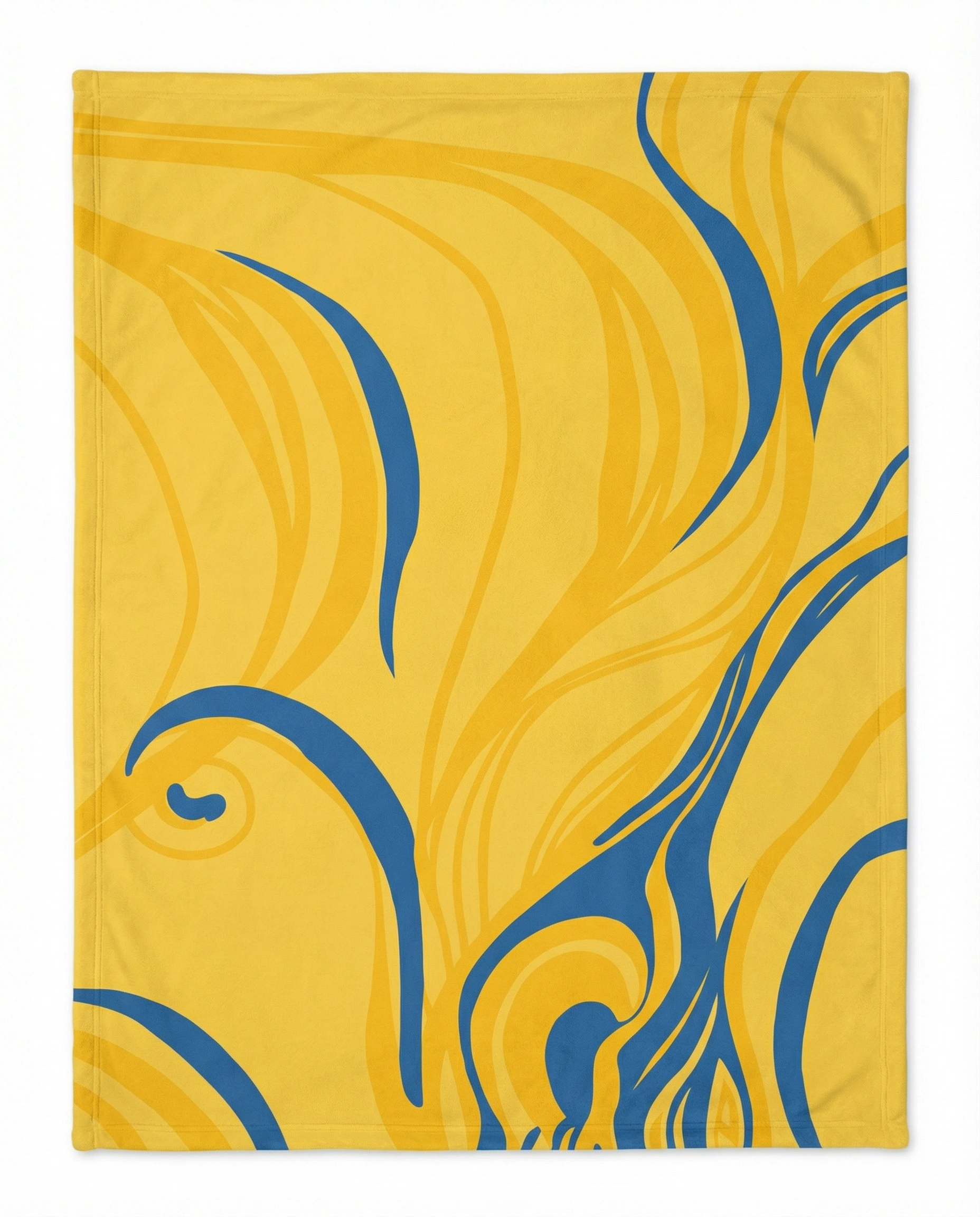 Back view of a yellow fleece blanket featuring flowing abstract line patterns in blue and gold tones, emphasizing artistic design and smooth texture