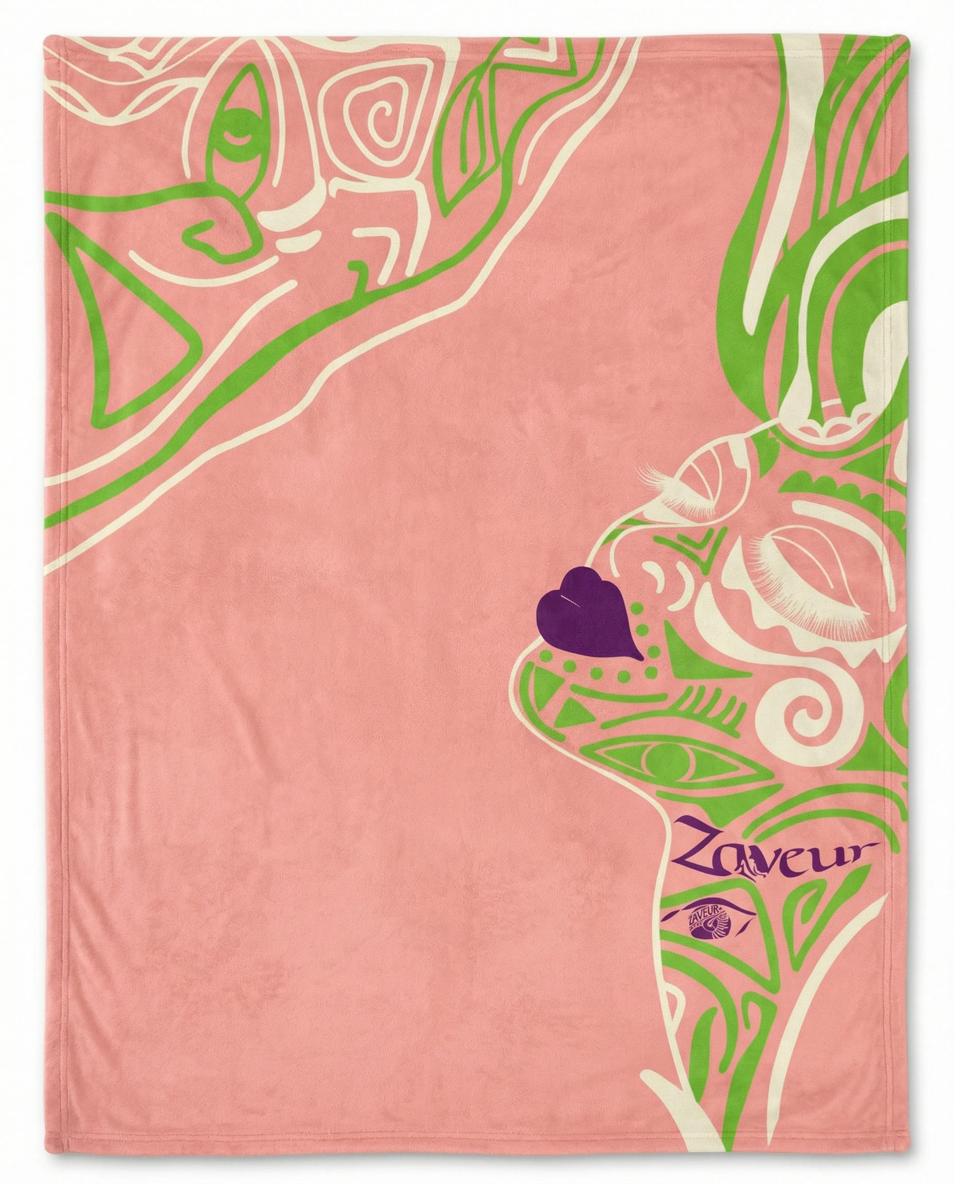 Abstract woman face illustration blanket in pink and green with artistic line art design