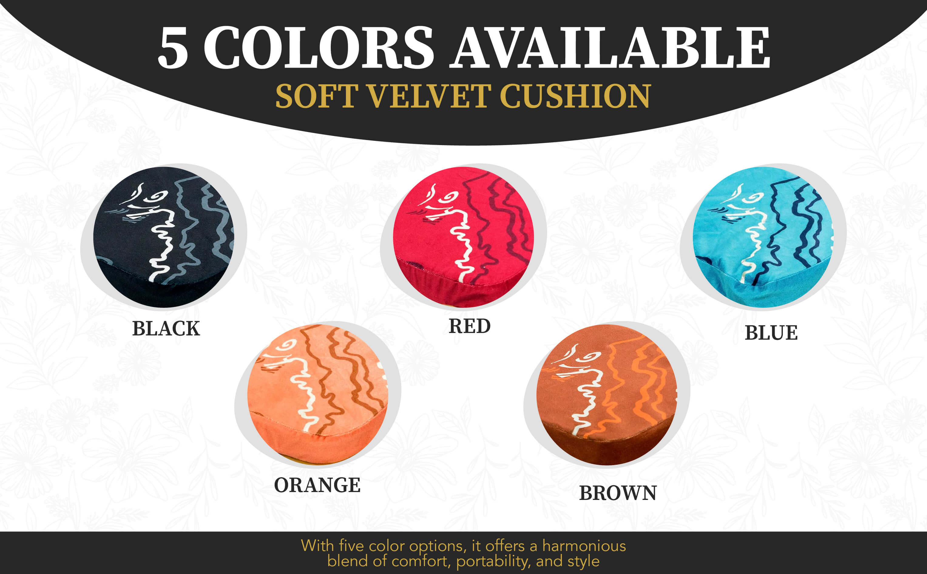 Color swatches for a soft velvet cushion with black, red, blue, orange, and brown options.