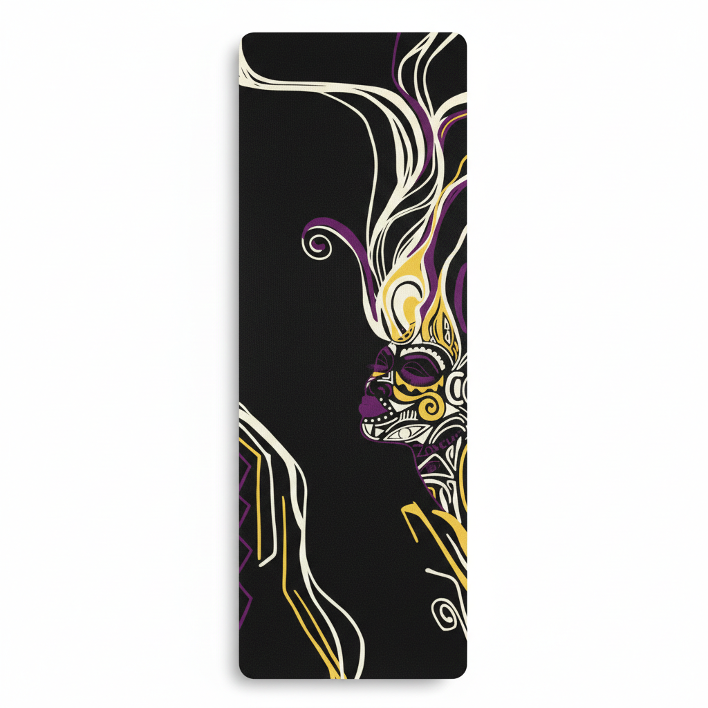 A black yoga mat featuring a striking illustration of a woman's profile with purple and yellow accents, sugar-skull-inspired facial markings, and long flowing hair.