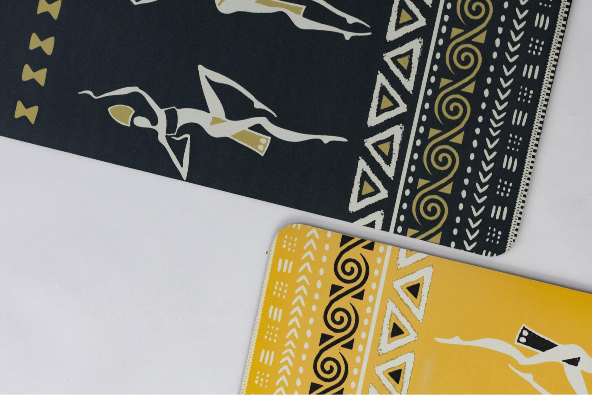 Two patterned cards with black and white designs on a white background