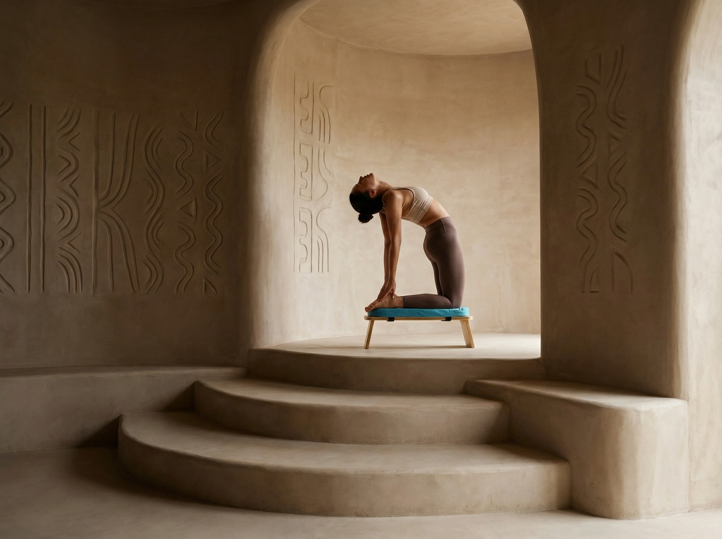 Yoga practitioner performing a supported backbend on a blue meditation bench in a serene studio
